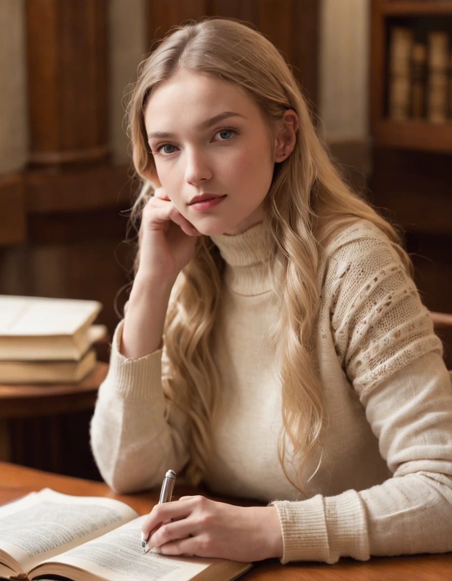 a young woman captures your attention. Her blond hair falls gracefully over her shoulders, and her fair complexion seems to absorb the soft library lighting, giving her an almost ethereal glow. Clad in a cozy, cream-colored knit sweater and well-worn jeans, she exudes an air of comfort and familiarity within these walls.
In her delicate hand, she holds a Starbucks cup—an oasis of modern convenience amidst the pages of history. The cup's logo and the aromatic steam wafting from it stand as a nod to contemporary life intertwining with the past. Her choice of beverage reflects a harmonious blend of modern indulgence and intellectual immersion.
Beyond the focal point of the young woman, the scene unfurls to reveal fellow patrons absorbed in their own pursuits. At a wooden table bathed in gentle light, a student pores over a thick textbook, scribbling notes diligently. Nearby, an older gentleman flips through the pages of a meticulously organized notebook, his index finger tracing lines of thought. Each individual creates a unique tableau of intellectual engagement, together composing a collective tapestry of introspection within the library's sanctum.
In her delicate hand, she holds a Starbucks cup an oasis of modern convenience amidst the pages of history. The cup's logo and the aromatic steam wafting from it stand as a nod to contemporary life intertwining with the past.
The young woman captures your attention. Her blond hair falls gracefully over her shoulders, and her fair complexion seems to absorb the soft library lighting, giving her an almost ethereal glow. Clad in a cozy, cream-colored knit sweater and well-worn jeans, she exudes an air of comfort and familiarity within these walls.
Her eyes, a mesmerizing shade of blue-gray, are like pools of contemplation reflecting the depths of the knowledge-filled surroundings. These eyes possess an innate tranquility, as if they have absorbed the wisdom of countless pages and absorbed the serenity of the library's