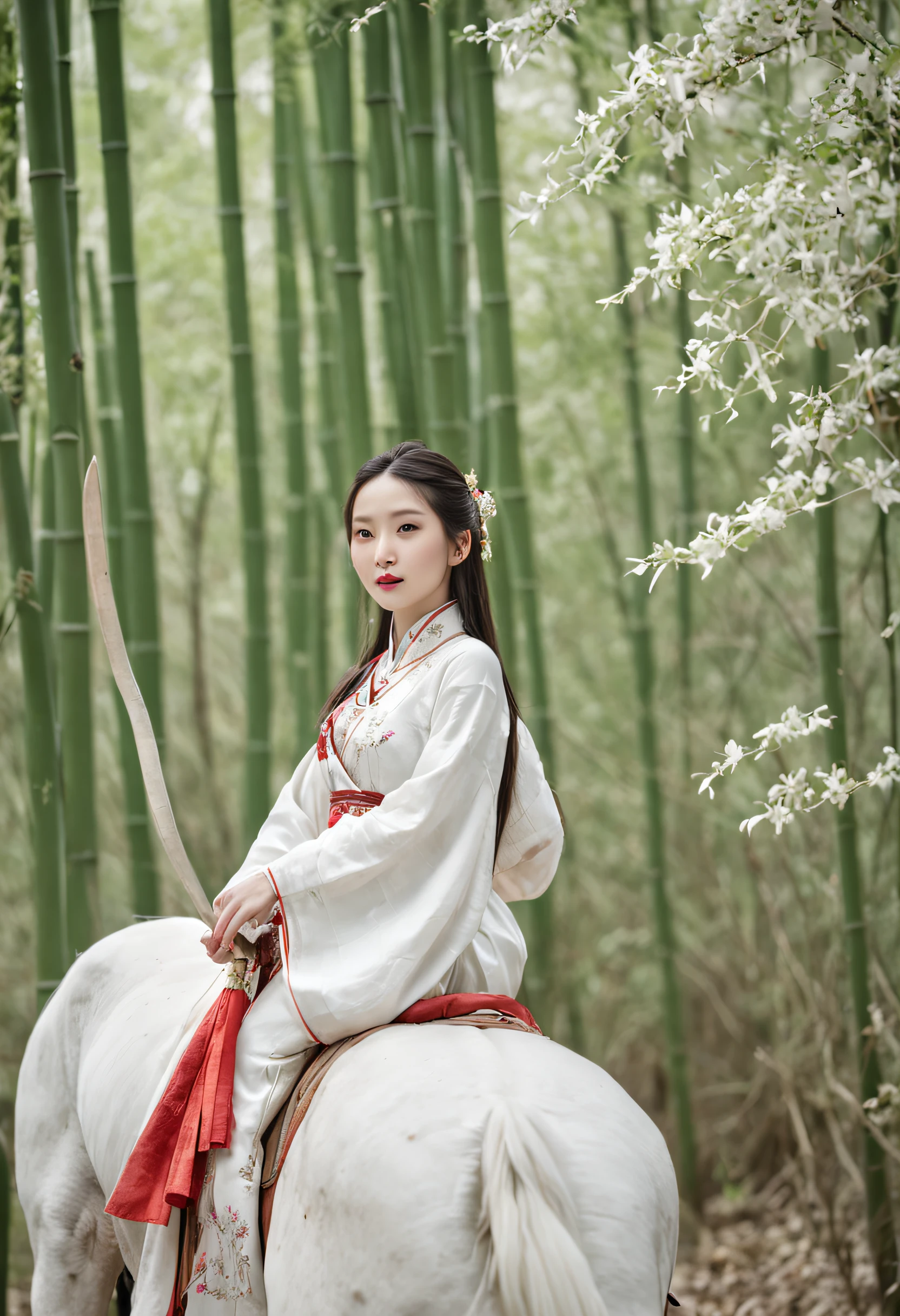 A woman dressed in traditional clothing rides a horse through a bamboo forest, Hanfu, Palace ， A girl in Hanfu, White Hanfu, Wuxia, full-body wuxia, Wearing ancient Chinese clothes, xianxia fantasy, with acient chinese clothes, Chinese costume, Anime girl cosplay, Chinese style, Chinese fantasy, Chinese traditional, Traditional Chinese clothing