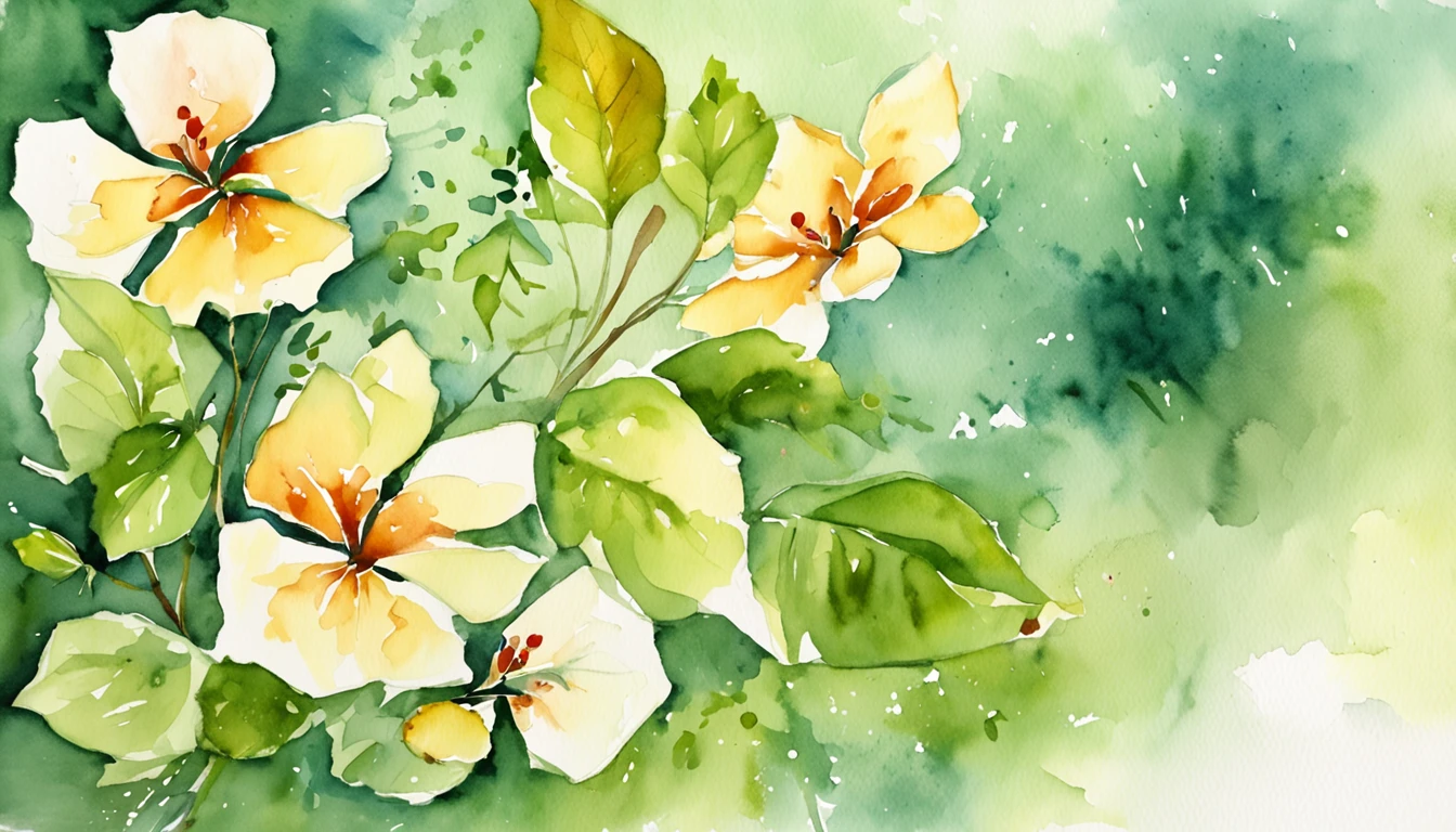 Spread out，the watercolor style，foliage，bushes，green color，unmanned