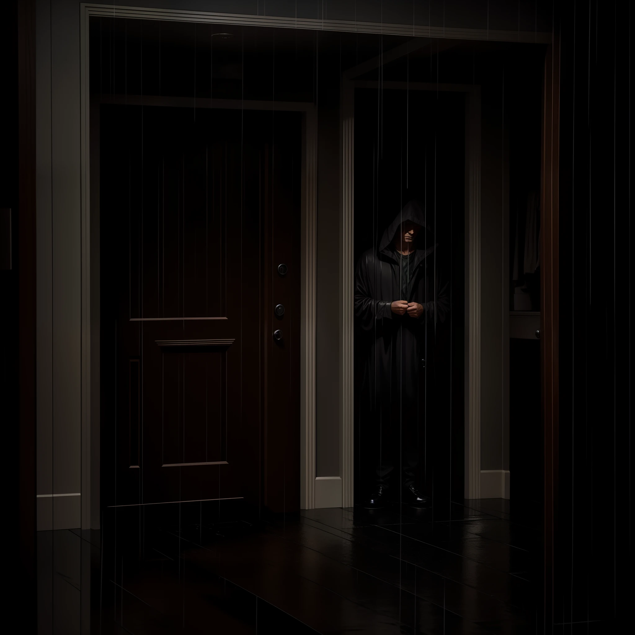 A dark and stormy night. A lone figure stands in the doorway, their face hidden by the pouring rain.