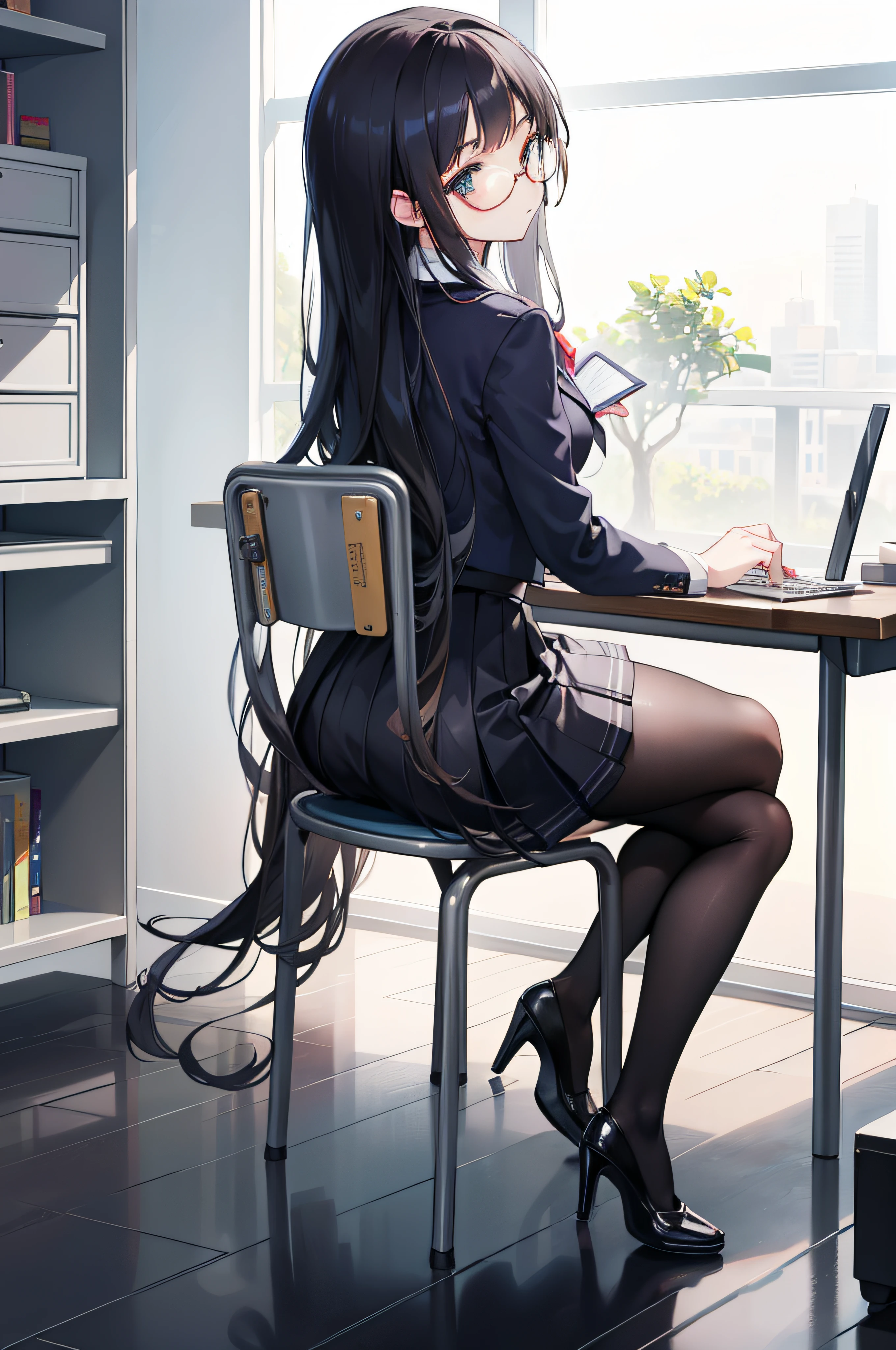 1girll, Back view, Skirt, sit on chair, Small chair, NavyHair, long curvy hair, large round glasses, pretty, Without expression, Flat expression, Lame face, school chair，（crossedlegs：1.3），high-heels,black lence stockings，