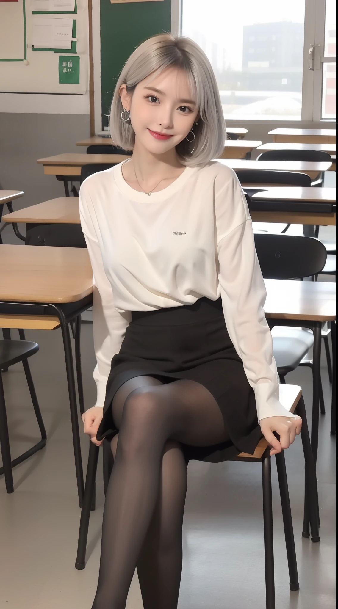 (true to life,Photorealistic 1.5),((best qualtiy, 8K, tmasterpiece:1.3)),SLR camera (二重まぶた,largeeyes:1.3),(smile1.5),(Full body photo 1.5)(One person 1.5)Clear focus 1.2, Perfect body beauty:1.4 , Delicate skin1.1,(Short silver-white hair 1.6),(Fashion watch 1.4),(Pure desire 1.3)(Black pantyhose 1.5)(The leg length is 1 meter 21.5),Slender legs,Slender legs,White shirt,Black sweater,pleatedskirt,With earrings,bangle,Classroom,sit on chair