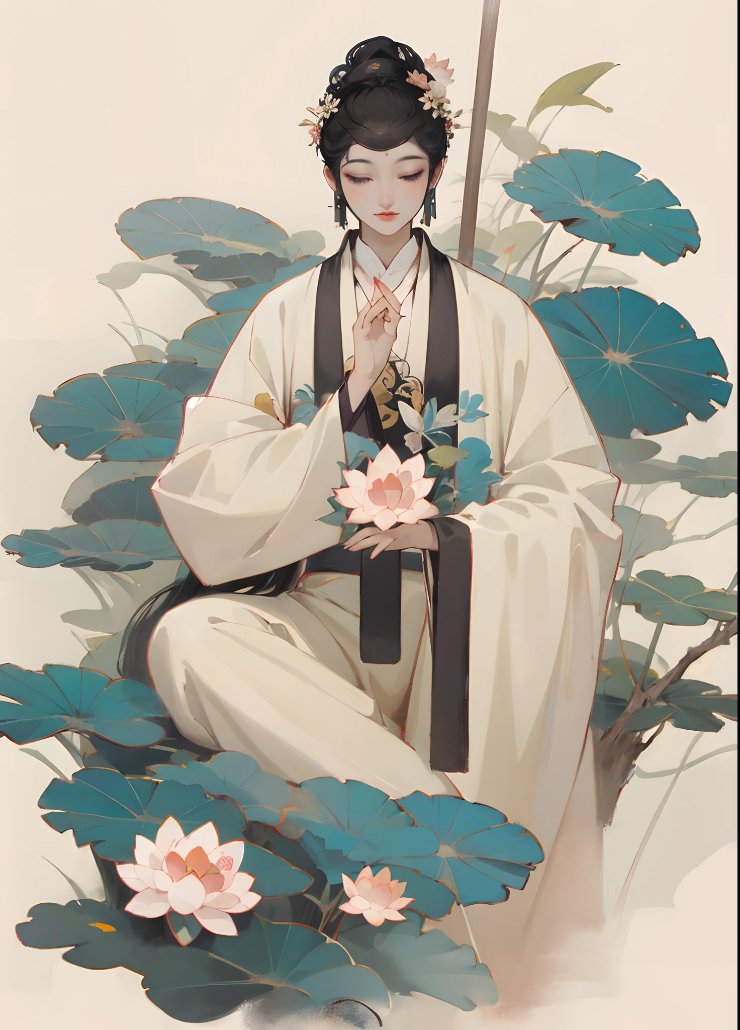 Buddha holding lotus flower branch on Linh Hoi painting