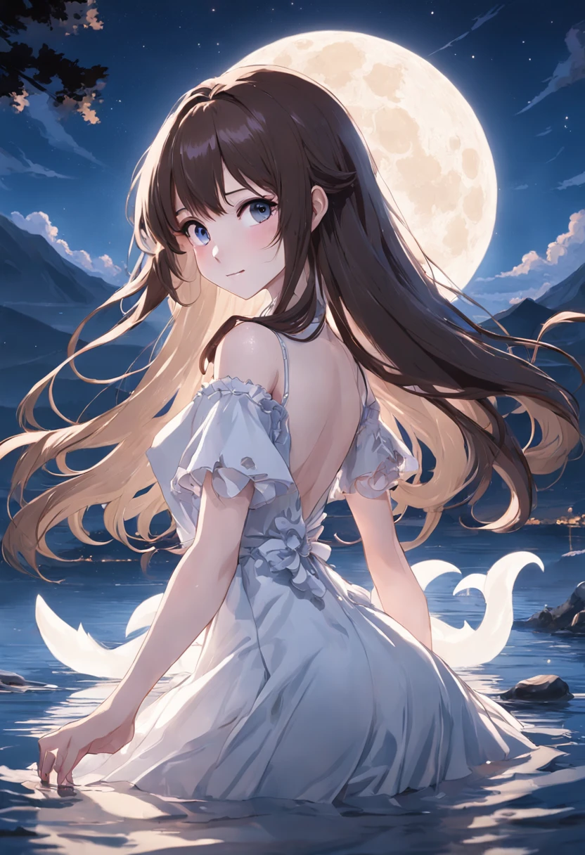 brunette color hair,Long hair that goes down to the waist,Black pupils,White Skin Skin,best qualtiy,Masterpiece,Girly image,slimfigure,Sweet smile,White Moon,lake scene,elegant white dress,tranquility and tranquility,the night