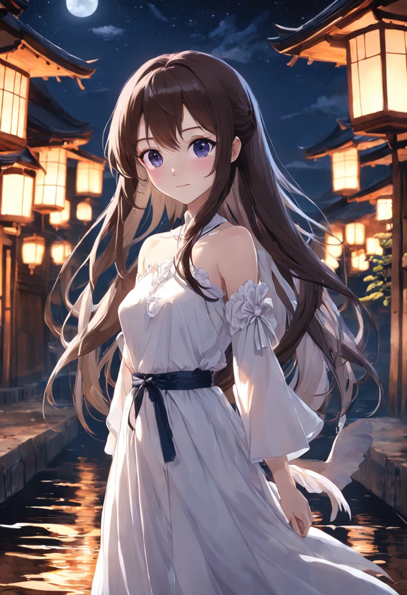 brunette color hair,Long hair that goes down to the waist,Black pupils,White Skin Skin,best qualtiy,Masterpiece,Girly image,slimfigure,Sweet smile,White Moon,lake scene,elegant white dress,tranquility and tranquility,the night