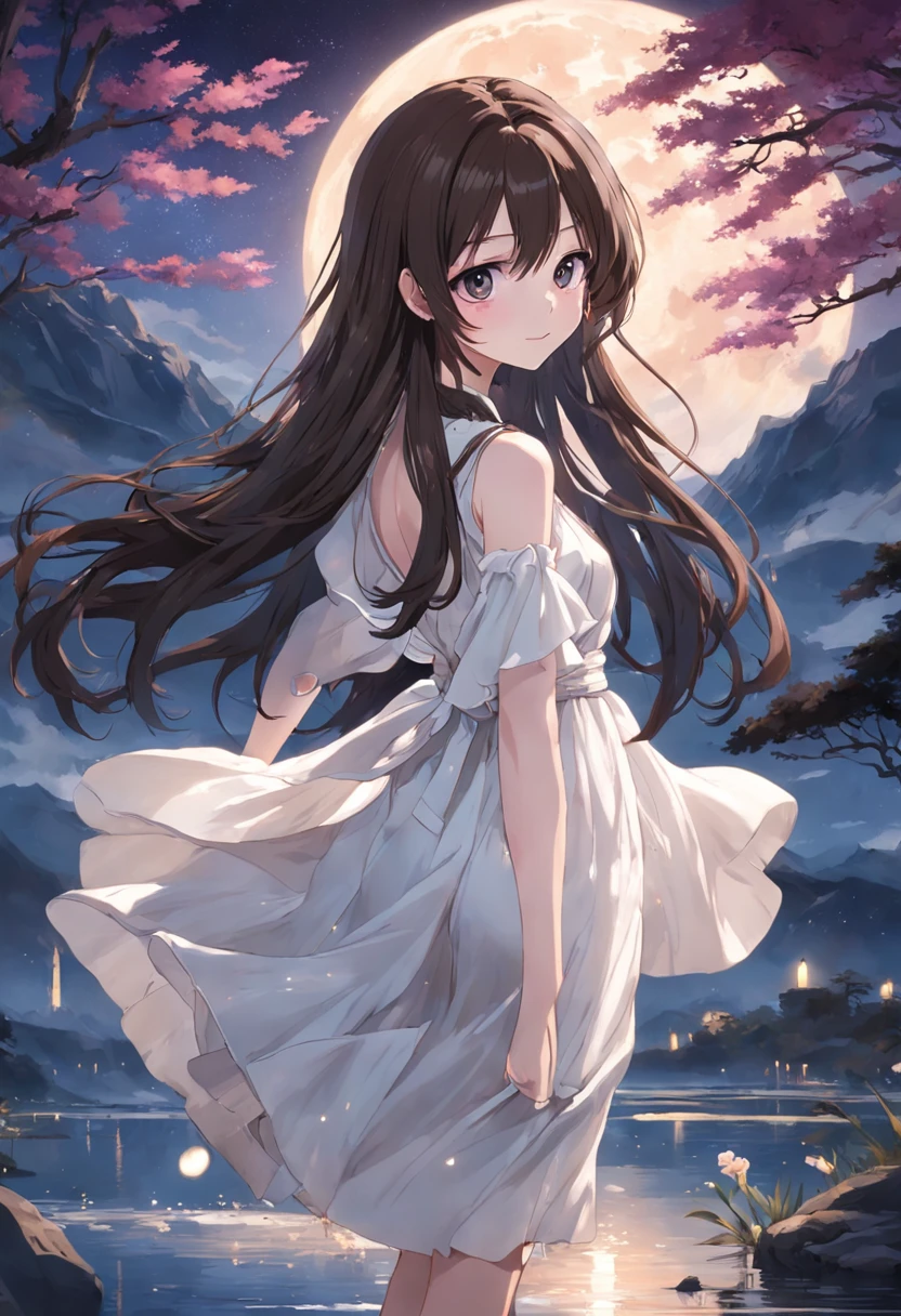 brunette color hair，Long hair that goes down to the waist，Black pupils，White Skin Skin，best qualtiy，Masterpiece，Girly image，slimfigure，Sweet smile，White Moon，lake scene，elegant white dress，tranquility and tranquility，the night
