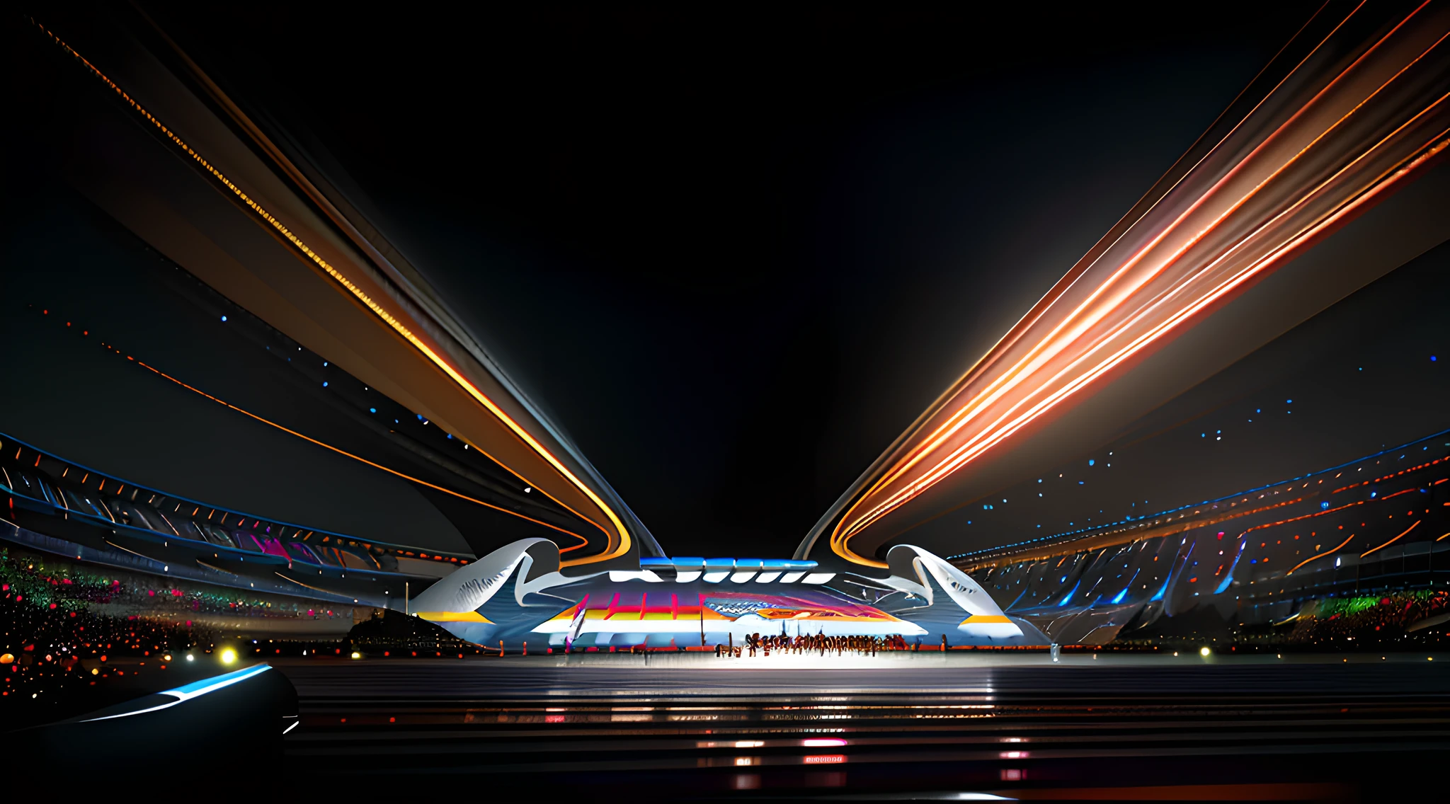 There is a stage and crowds at night, imax render, highly photographic render, arena background, futuristic sport arena, in a futuristic arena, zaha hadid octane highly render, dramatic lighting render, Dramatic lighting. concept-art, tilt shift zaha hadid background, official render, author：Chass is silent, 3 d render even lit, extreme render, daily render