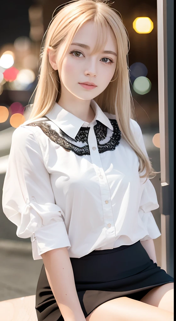 (8K, Top quality, Masterpiece: 1.2), (Realistic, Photorealistic: 1.37), Super detailed, Girl 1 person, Cute, Alone, Beautiful detailed sky, Detailed café, Night, Sitting, Date, (Blush), (Smile: 1.15),(Closed)small,Beautiful fine eyes,(Shirt with collar:1.1),Night,Wet,business dress,rain,White lace,(Medium hair:1.2), Floating hair NovaFrogStyle,