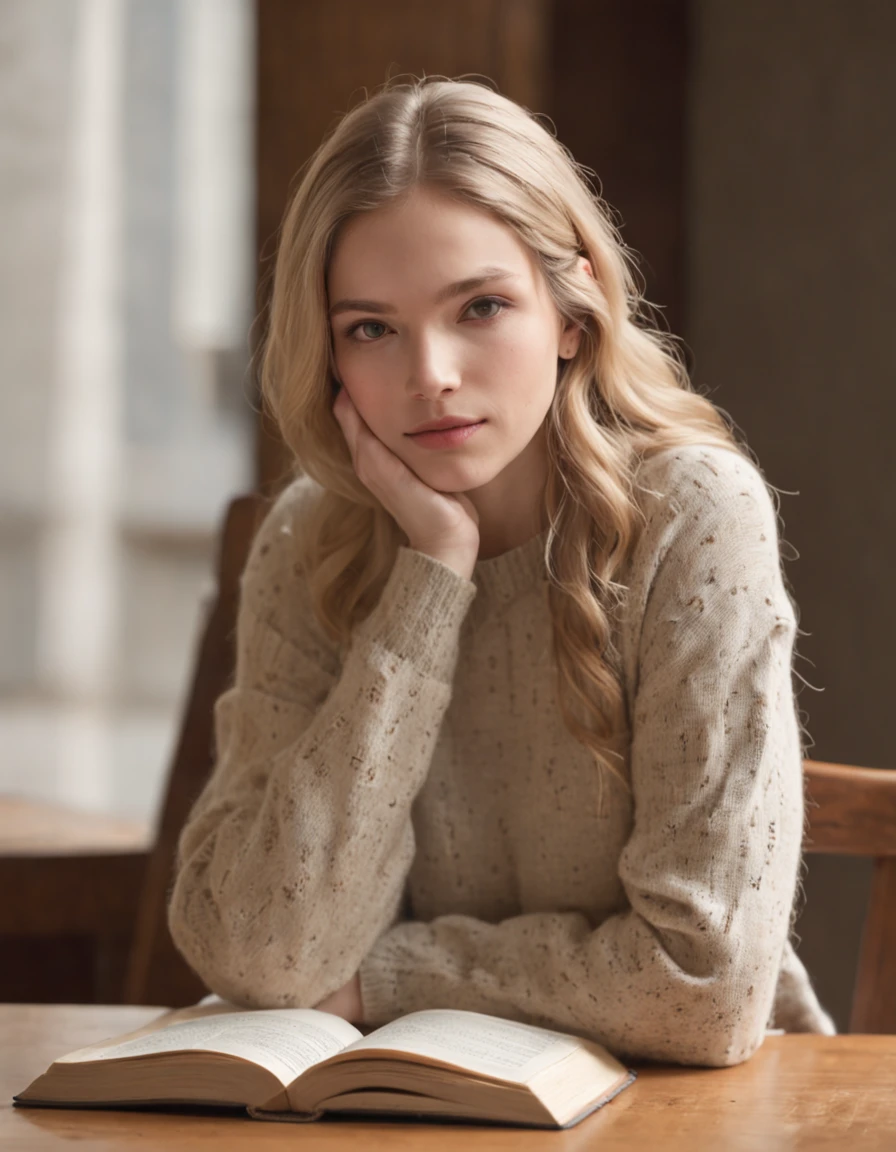 a young woman captures your attention. Her blond hair falls gracefully over her shoulders, and her fair complexion seems to absorb the soft library lighting, giving her an almost ethereal glow. Clad in a cozy, cream-colored knit sweater and well-worn jeans, she exudes an air of comfort and familiarity within these walls. In her delicate hand, she holds a Starbucks cup—an oasis of modern convenience amidst the pages of history. The cup's logo and the aromatic steam wafting from it stand as a nod to contemporary life intertwining with the past. Her choice of beverage reflects a harmonious blend of modern indulgence and intellectual immersion. Beyond the focal point of the young woman, the scene unfurls to reveal fellow patrons absorbed in their own pursuits. At a wooden table bathed in gentle light, a student pores over a thick textbook, scribbling notes diligently. Nearby, an older gentleman flips through the pages of a meticulously organized notebook, his index finger tracing lines of thought. Each individual creates a unique tableau of intellectual engagement, together composing a collective tapestry of introspection within the library's sanctum. In her delicate hand, she holds a Starbucks cup an oasis of modern convenience amidst the pages of history. The cup's logo and the aromatic steam wafting from it stand as a nod to contemporary life intertwining with the past. The young woman captures your attention. Her blond hair falls gracefully over her shoulders, and her fair complexion seems to absorb the soft library lighting, giving her an almost ethereal glow. Clad in a cozy, cream-colored knit sweater and well-worn jeans, she exudes an air of comfort and familiarity within these walls. Her eyes, a mesmerizing shade of blue-gray, are like pools of contemplation reflecting the depths of the knowledge-filled surroundings. These eyes possess an innate tranquility, as if they have absorbed the wisdom of countless pages and absorbed the serenity of the library's