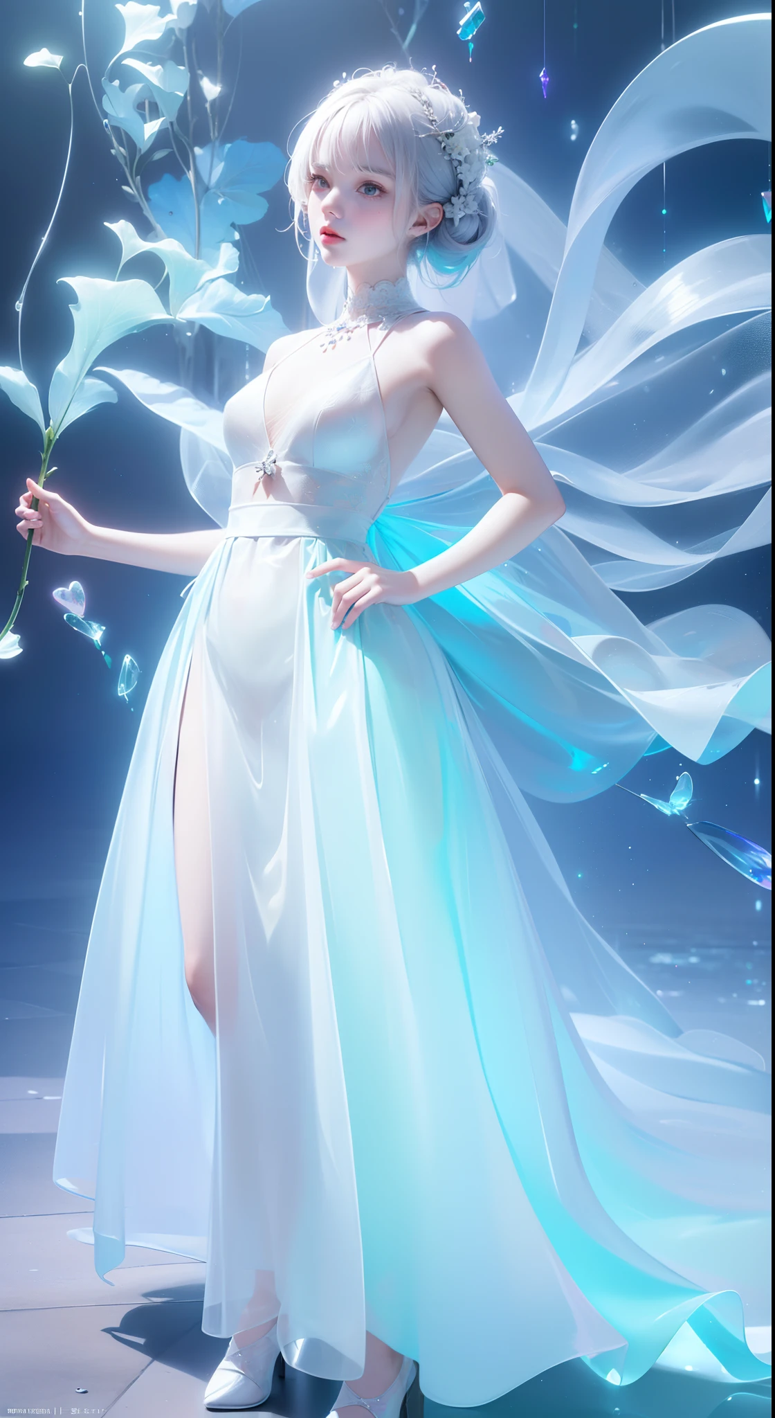 (((A girl)),Long skirt,Irridescent color,The Arthur effect, Transparent body, Gradient translucent glass melt, Caustics, transparent glass texture, Irridescent color, Designed by Dietrams, Simple, Glows in high detail, white backgrounid, industrial design, studio lit, C4D, OC renderer, Clean shadows, 4K