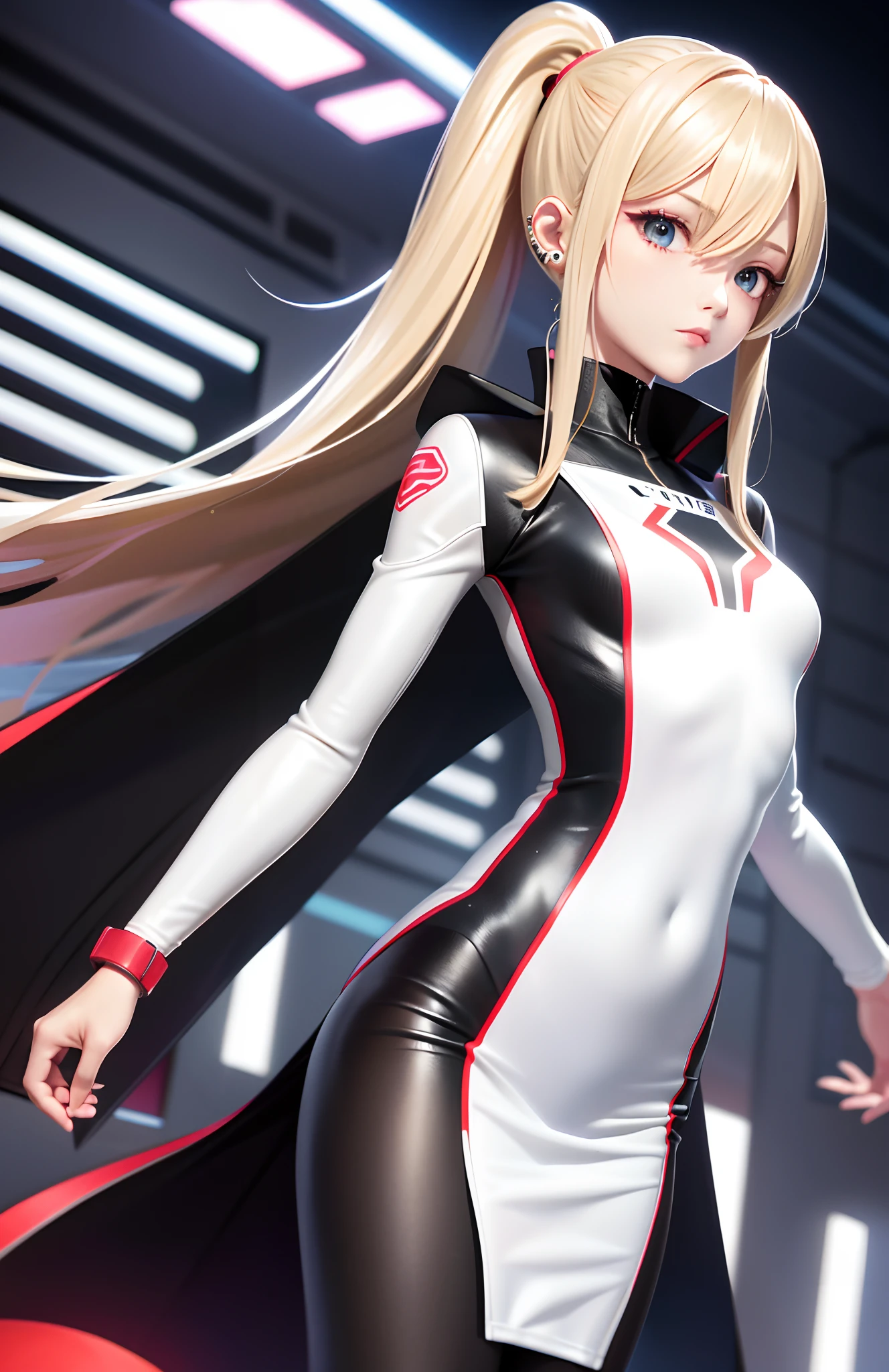 optimum,tmasterpiece,A high resolution,best qualtiy,hyper HD,super detailing,Award-Awarded,16k,独奏,(The upper part of the body),anatomy correct,Beautiful cyberpunk girl,cute face,,Gradient Beige Hair,Hairline,((Scarlet eyes)),long eyelasher,Hanging eye corners,White skin of the,(small boobs),(Slim body),((Women's extra short shawl leather jacket)),((racing_suit)),((High-Low_long skirt)),ear studs,(Neck strap),(Laser material clothing:1.2)