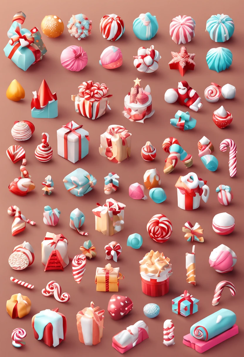3d vector set of Christmas icons in the style of atey ghailan, mixes realisitic and fantastical elements, candy core realistic and hyper-detailed renderings, low poly, soft muted color palette, watercolor isolate on white