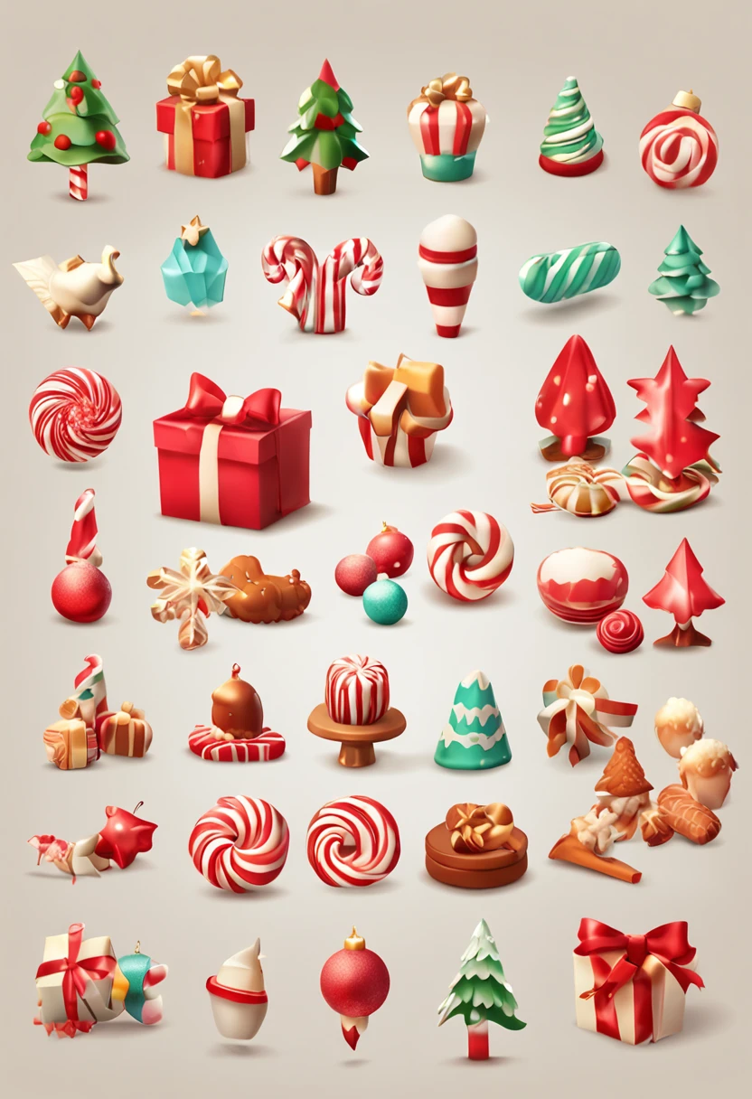 3d vector set of Christmas icons in the style of atey ghailan, mixes realisitic and fantastical elements, candy core realistic and hyper-detailed renderings, low poly, soft muted color palette, watercolor isolate on white