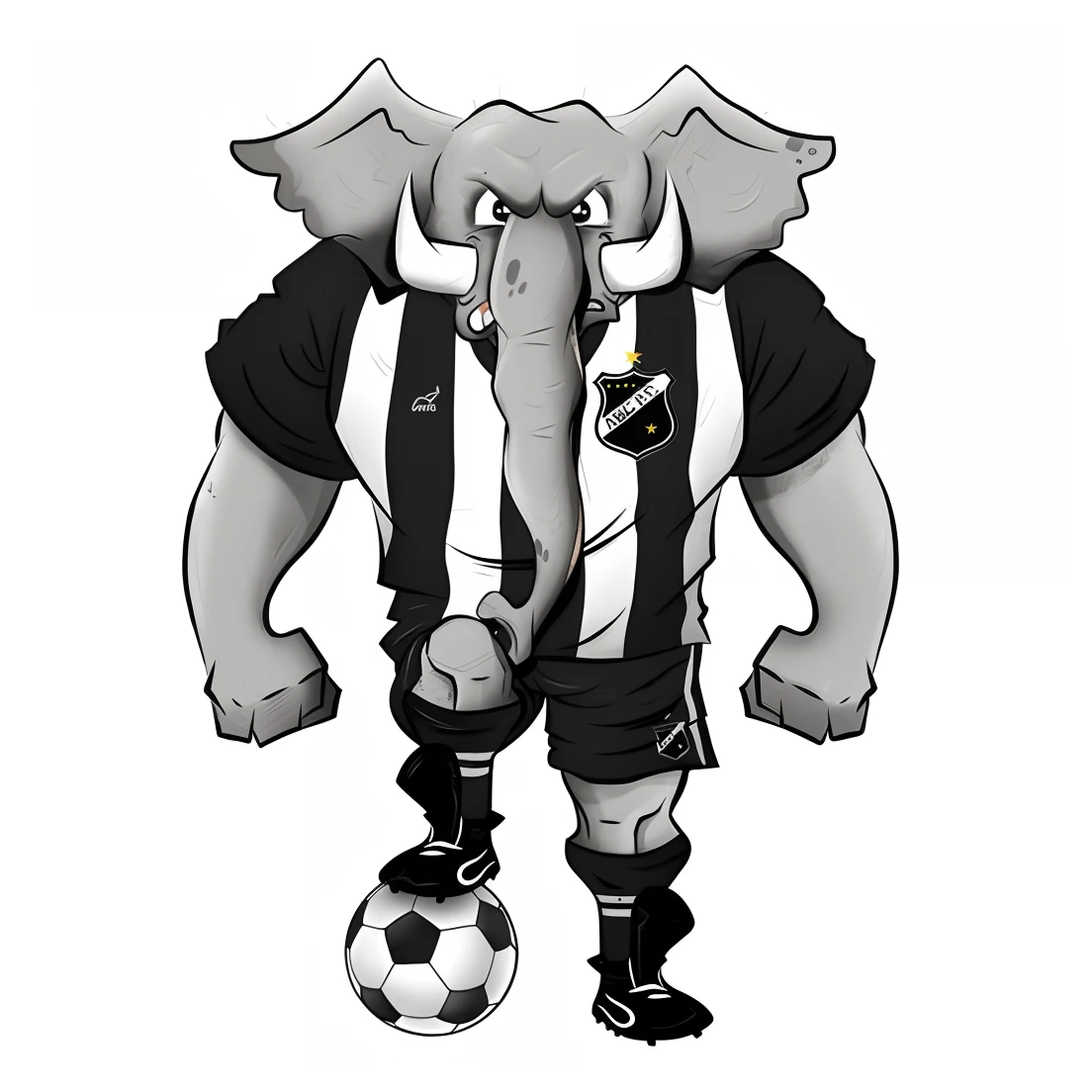 desenhos animados de um elefante jogador de futebol com uma bola de futebol, toon rendering, mascote do futebol, tom, mascote da equipe esportiva, mascote esportivo, Mascot illustration, Directed by: Steve Prescott, ezio, Directed by: Kev Walker, monochrome artwork!!, toon aesthetic, official fan art, hd illustration, o melhor de sempre, mascote de corpo inteiro, arte vetorial em preto e branco, inspired by Ivan Meštrović