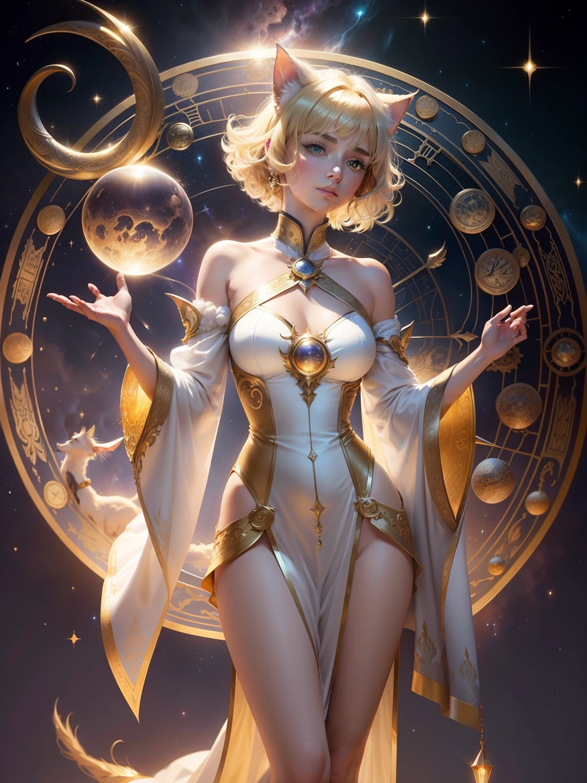 realisticlying，（tmasterpiece，top Quority，best qualtiy，offcial art，Beauty and aesthetics：1.2），The is very detailed，s fractal art，extremely colorful，Most detailed，Capricorn，（abstract backgrounds：1.5）（1girl：1.3），（Cat Class） ,Yellow-haired,Eyes,earnestly,Comb back,short detailed hair,,galactic,Giant magical golden Capricorn astrolabe,dream magical,dream magical,Silver trim,beautiful detailed sky,The style and decoration of the Capricorn goddess,(nsfw:0.8)Delicate reflective high glass guardrail panel，dynamicposes