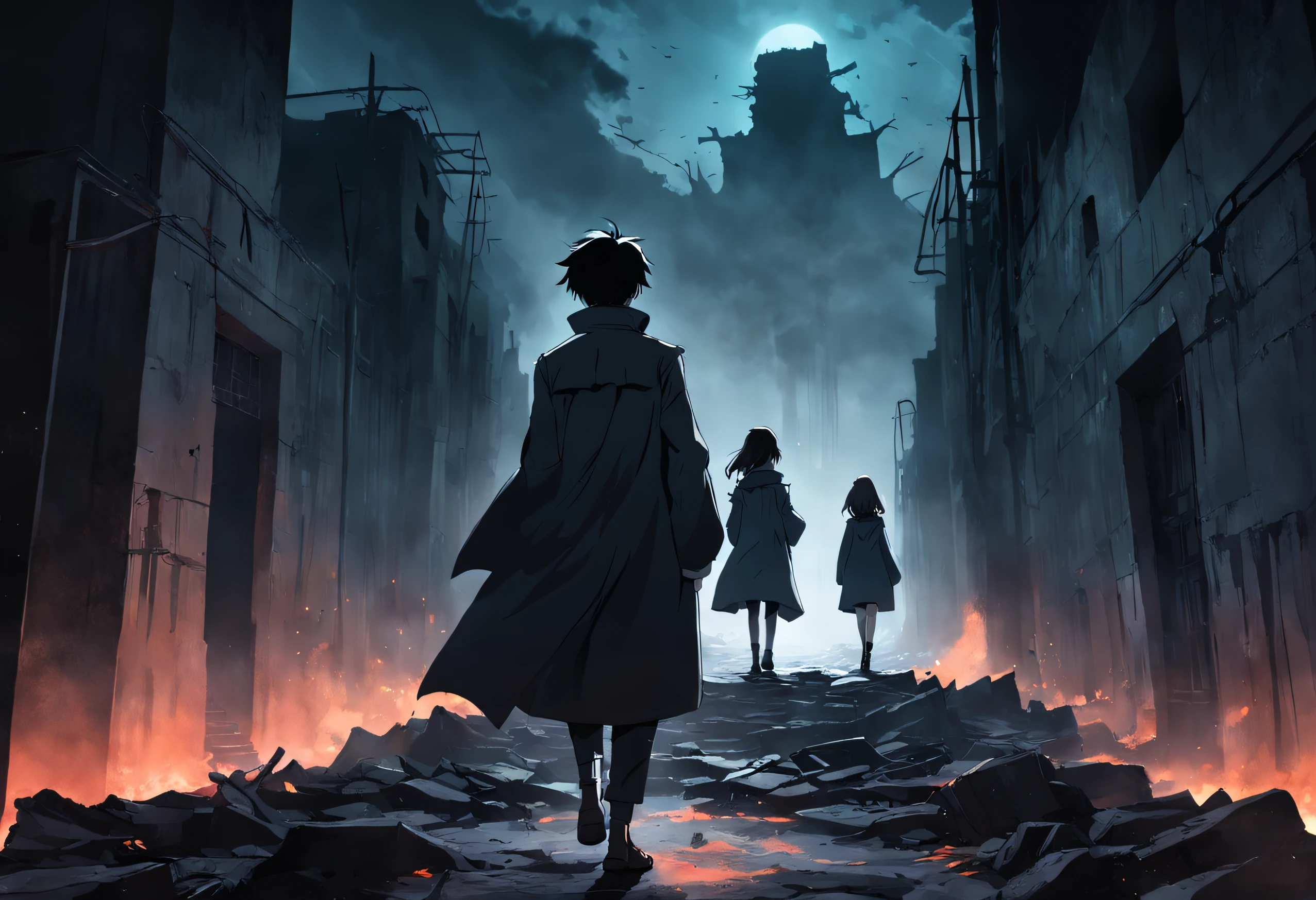 A male student in a student uniform and a female student in a trench coat face away from the photo,Walk through vast ruins,Under a black sky,In the distance, there is a blurry black monster in the fog。