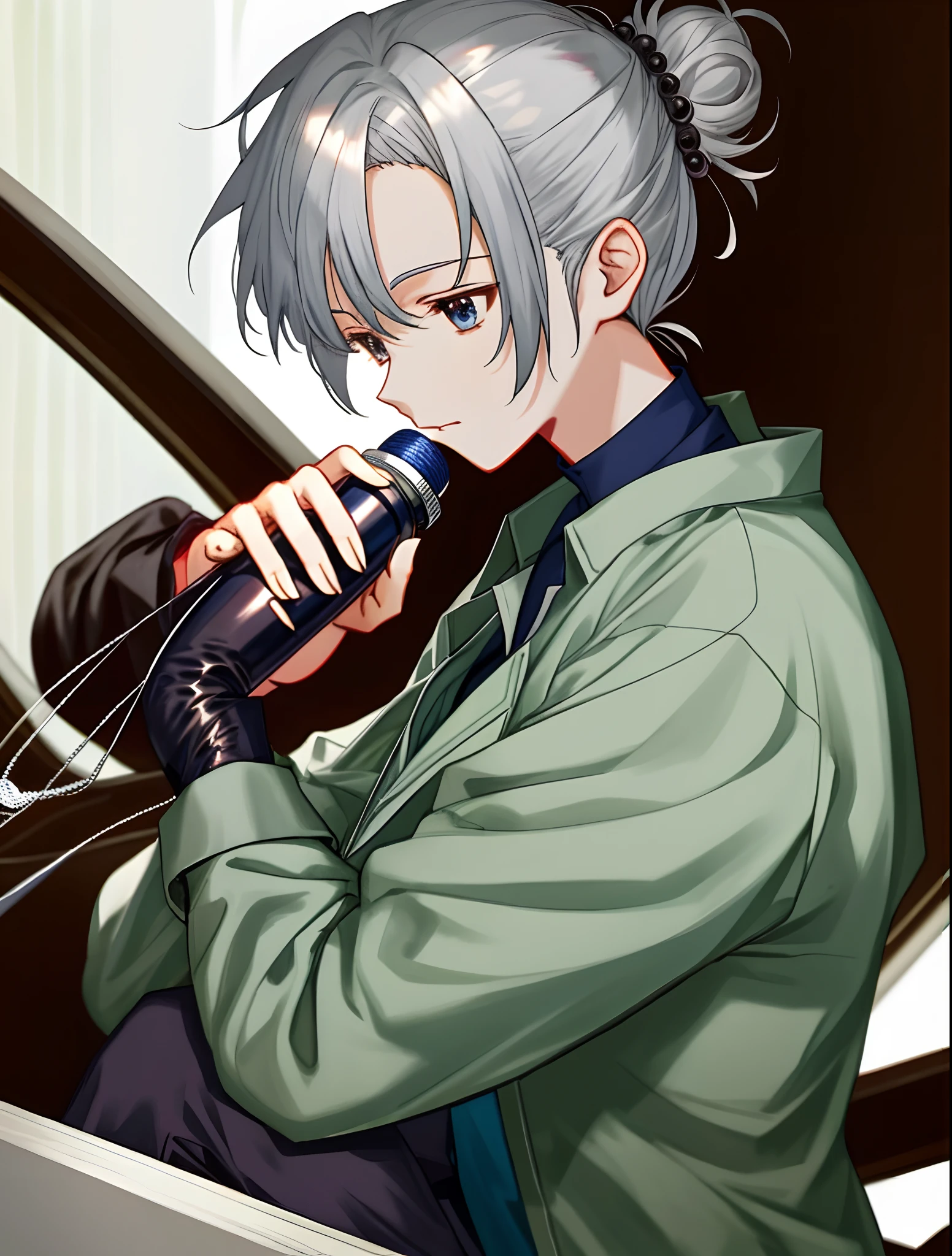masterpiece, best quality, handjob, puffy_, clothed_masturbation, mesugaki, hair up, short hair, silver hair,