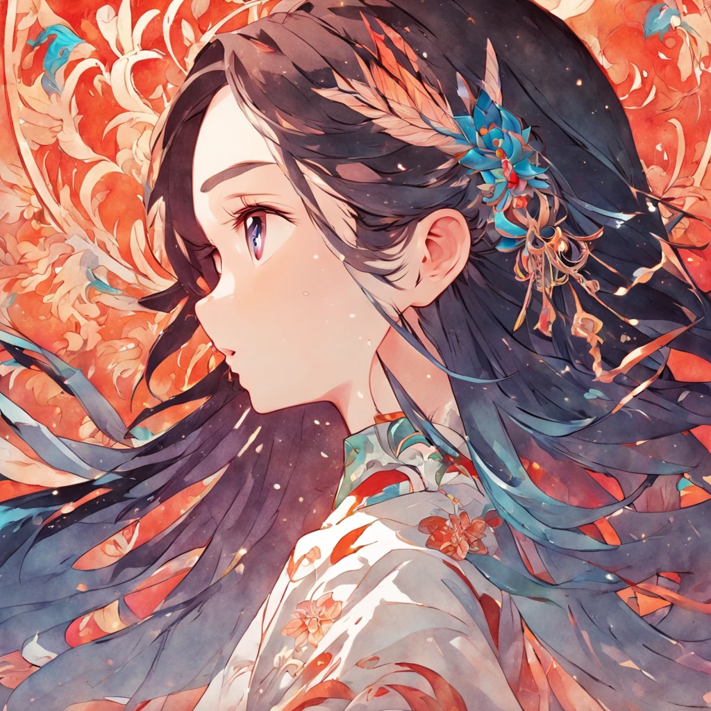 (White background:1.4),(Silhouette of a girl's head, Eyes closed, colorfull long hair, Oriental elements),(Chinese illustration:1.3,paper art:1.3, Quilted paper art:1.2),( reasonable design, Clear lines, High sharpness,Best quality, Very detailed, Masterpiece, movie light effect, 4K )