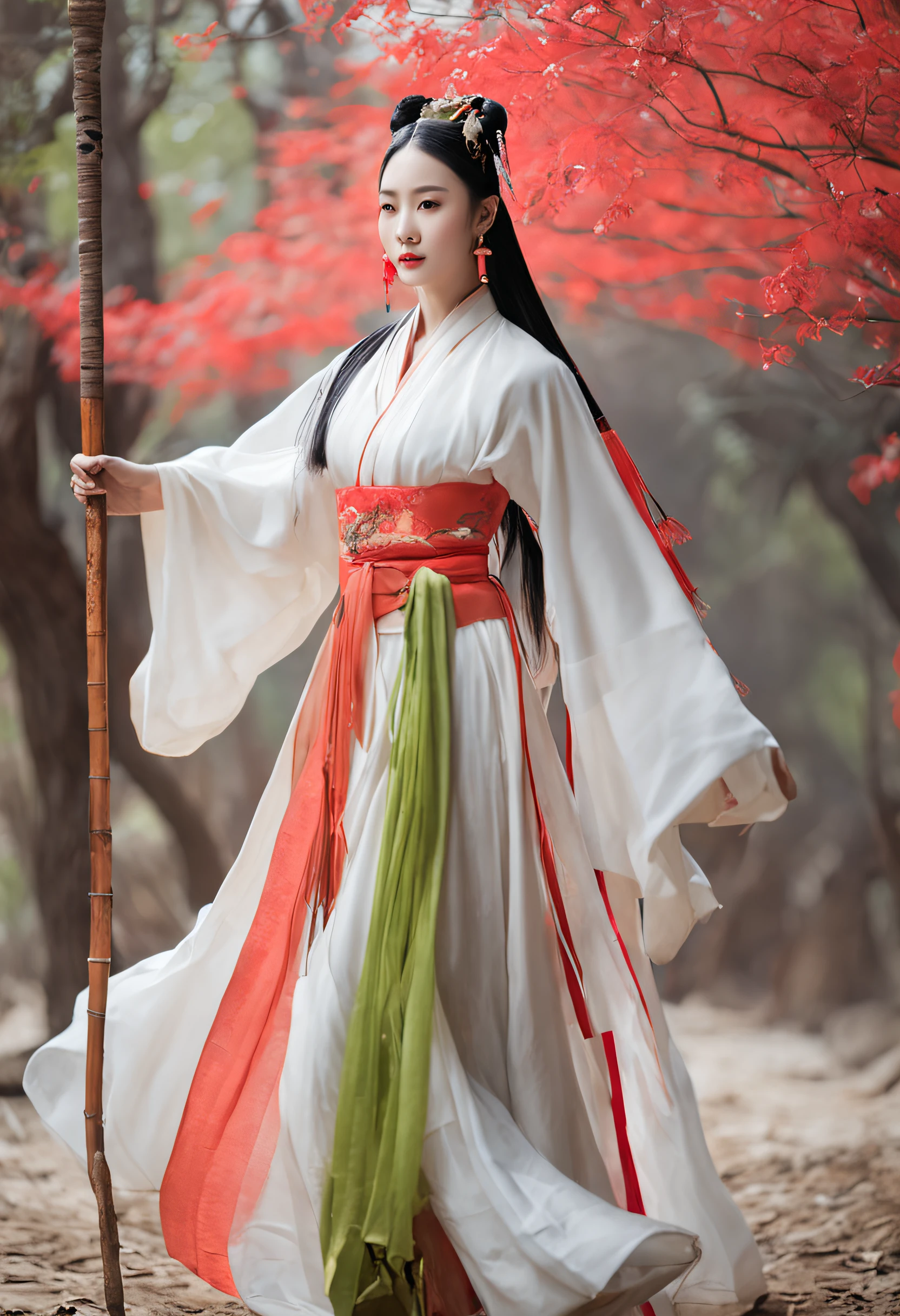 A woman dressed in traditional clothing rides a horse through a bamboo forest, Hanfu, Palace ， A girl in Hanfu, White Hanfu, Wuxia, full-body wuxia, Wearing ancient Chinese clothes, xianxia fantasy, with acient chinese clothes, Chinese costume, Anime girl cosplay, Chinese style, Chinese fantasy, Chinese traditional, Traditional Chinese clothing