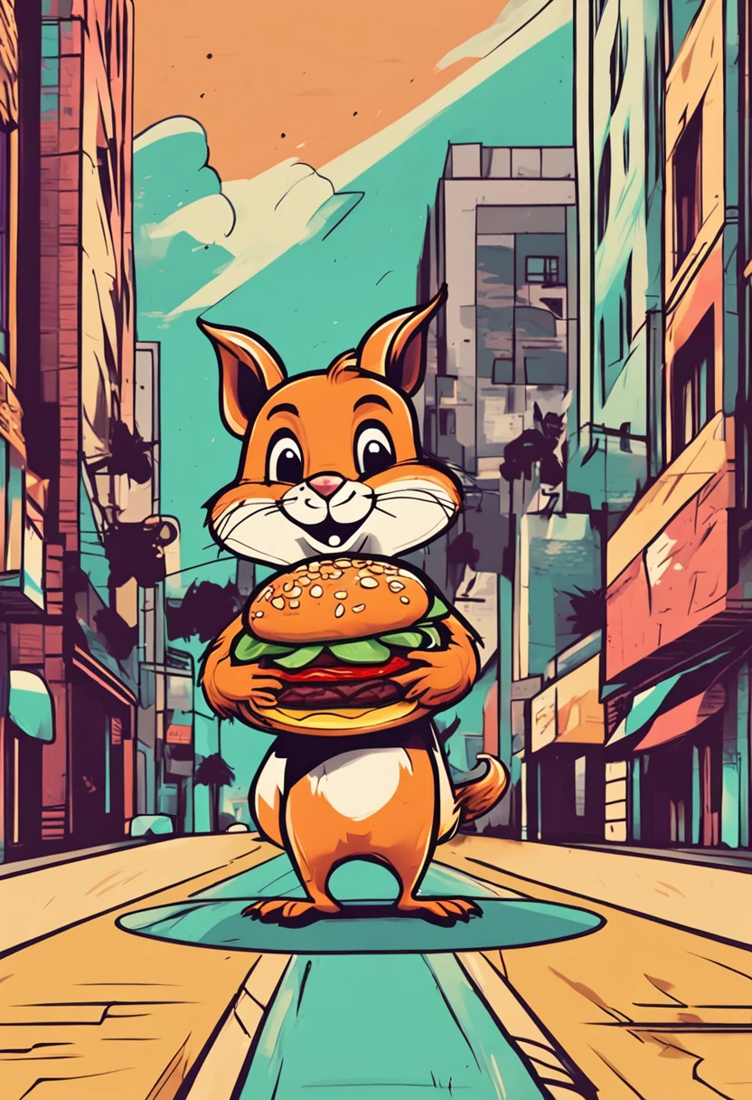squirrel holding a hamburger, feliz, estilo cartoon, estilo logo