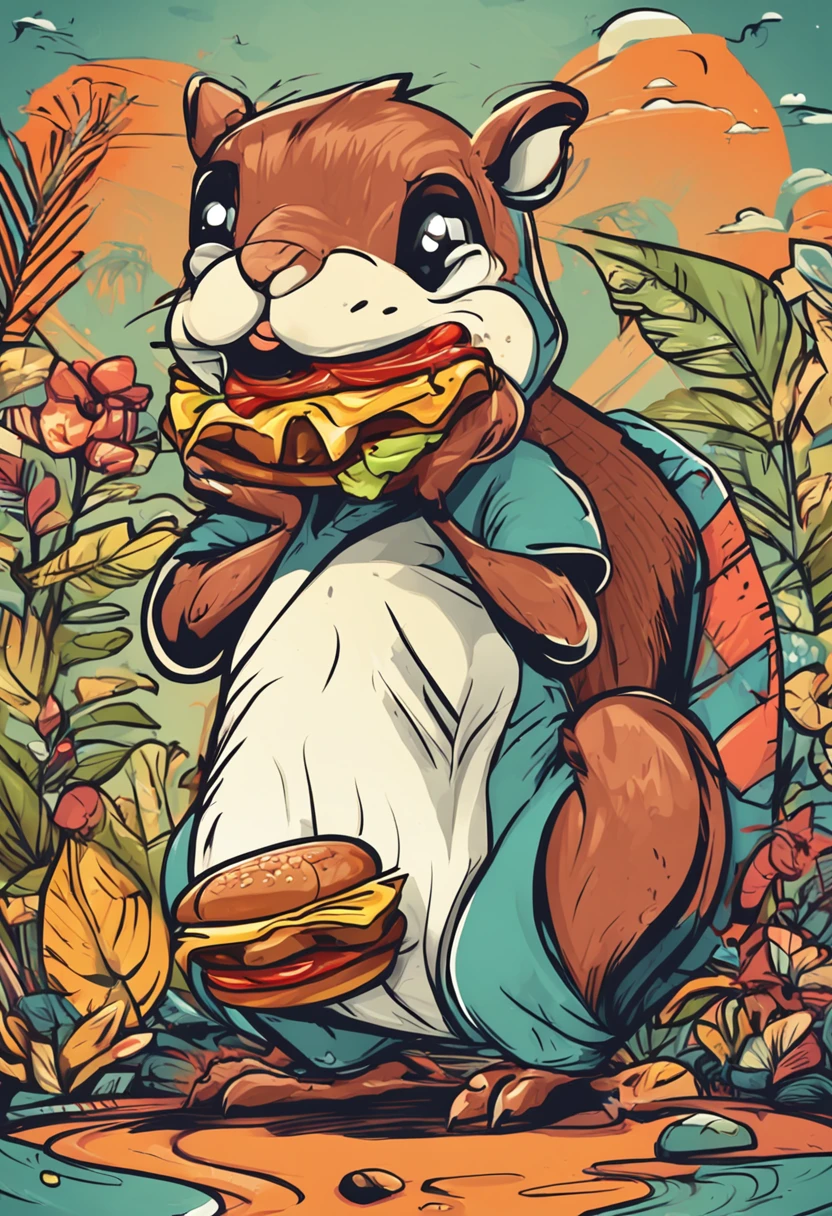 squirrel holding a hamburger, feliz, estilo cartoon, estilo logo