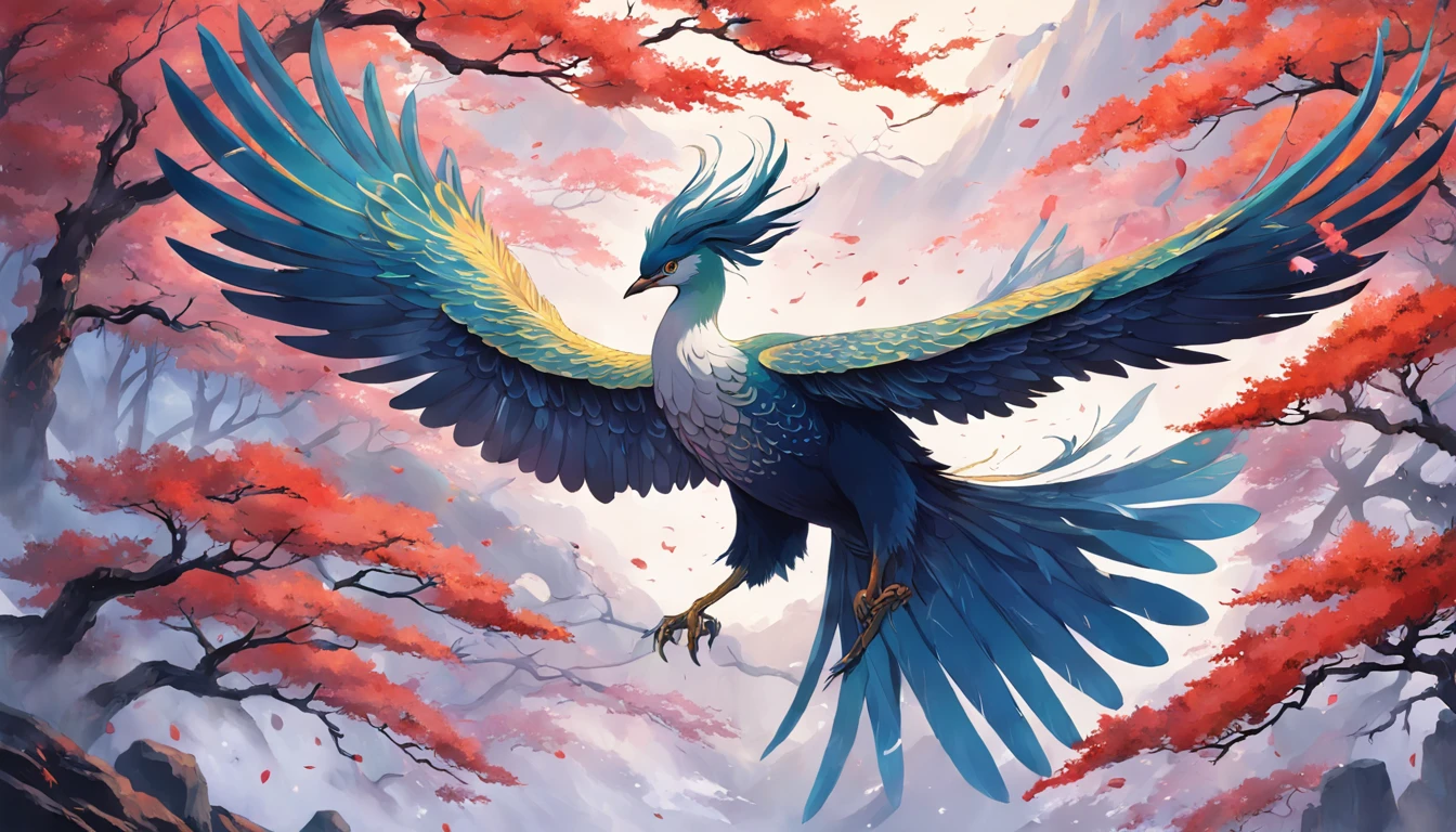 "The Japanese mythical bird Hō-ō or Fushichō in exquisite detail and amazing beauty, Show off its vibrant feathers and majestic presence. The intricate feathers shine with stunning colors, Exudes an ethereal sense of elegance. Hō-ō soars gracefully against the backdrop of tranquil landscapes, There is a hint of mystery in the air. The artwork captures the essence of this legendary creature, Convey its importance in Japanese folklore.+"