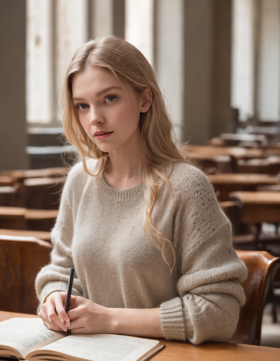a young woman captures your attention. Her blond hair falls gracefully over her shoulders, and her fair complexion seems to absorb the soft library lighting, giving her an almost ethereal glow. Clad in a cozy, cream-colored knit sweater and well-worn jeans, she exudes an air of comfort and familiarity within these walls. In her delicate hand, she holds a Starbucks cup—an oasis of modern convenience amidst the pages of history. The cup's logo and the aromatic steam wafting from it stand as a nod to contemporary life intertwining with the past. Her choice of beverage reflects a harmonious blend of modern indulgence and intellectual immersion. Beyond the focal point of the young woman, the scene unfurls to reveal fellow patrons absorbed in their own pursuits. At a wooden table bathed in gentle light, a student pores over a thick textbook, scribbling notes diligently. Nearby, an older gentleman flips through the pages of a meticulously organized notebook, his index finger tracing lines of thought. Each individual creates a unique tableau of intellectual engagement, together composing a collective tapestry of introspection within the library's sanctum. In her delicate hand, she holds a Starbucks cup an oasis of modern convenience amidst the pages of history. The cup's logo and the aromatic steam wafting from it stand as a nod to contemporary life intertwining with the past. The young woman captures your attention. Her blond hair falls gracefully over her shoulders, and her fair complexion seems to absorb the soft library lighting, giving her an almost ethereal glow. Clad in a cozy, cream-colored knit sweater and well-worn jeans, she exudes an air of comfort and familiarity within these walls. Her eyes, a mesmerizing shade of blue-gray, are like pools of contemplation reflecting the depths of the knowledge-filled surroundings. These eyes possess an innate tranquility, as if they have absorbed the wisdom of countless pages and absorbed the serenity of the library's