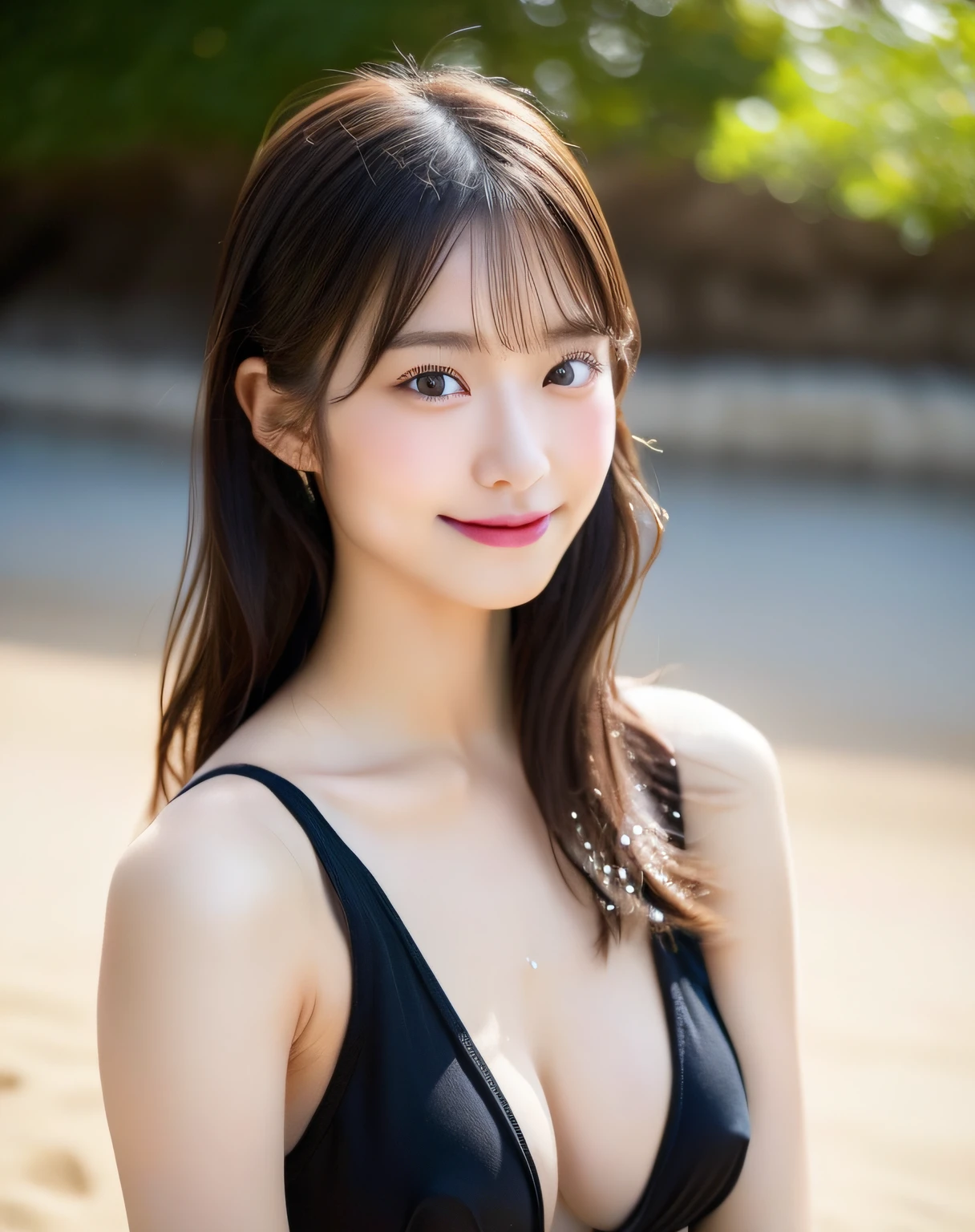mature mature young, erotic swimsuit style, super cute, upper body close-up, nice perfect face with soft skin, gorgeous wavy long brown hair, immature woman in 8K resolution, ultra realistic, super detailed, high quality, erotic and beautiful trendy swimsuit