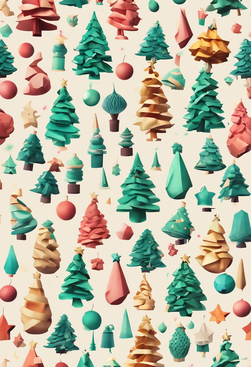 3d vector set of Christmas tree icons in the style of atey ghailan, mixes realisitic and fantastical elements, candy core realistic and hyper-detailed renderings, low poly, soft muted color palette, watercolor isolate on white