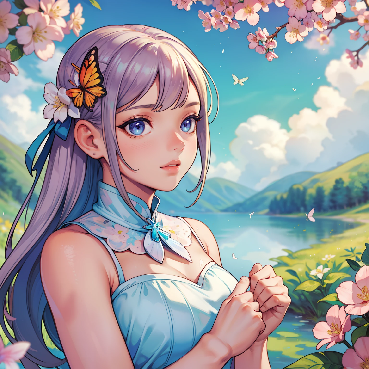 masterpice, (best quality), ((best detailed)), depth of field, a beautiful girl, beautiful face, nature, spirit, blossom, colorful landscape, flowers, butterflys, glowing dress, elements
