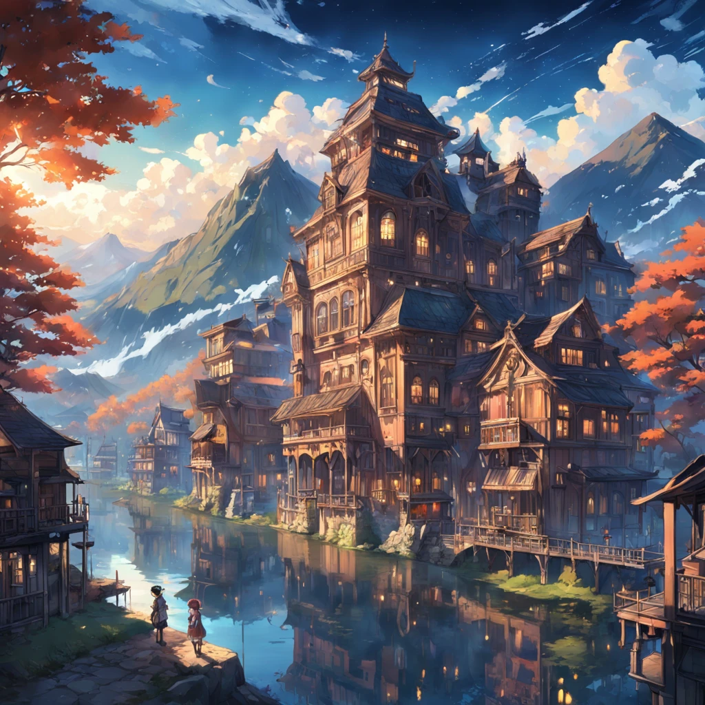 mountainous、by lake、Large space、high sky、suns、radiant light、Machine City、Steampunk element、Victorian city atmosphere、Clear lake、bucolic、overlooks、