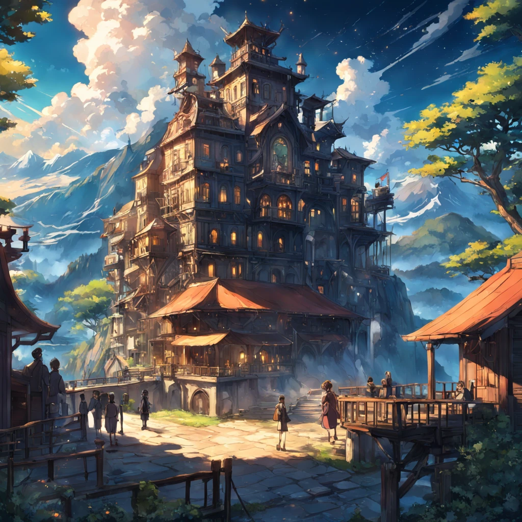 mountainous、by lake、Large space、high sky、suns、radiant light、Machine City、Steampunk element、Victorian city atmosphere、Clear lake、bucolic、overlooks、