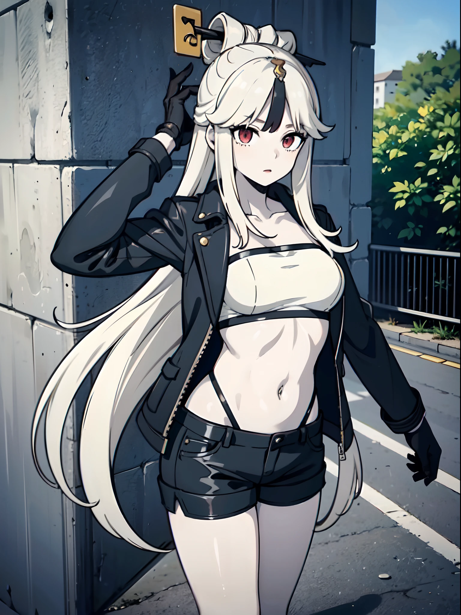 (masterpiece:1.2), (pale skin:1.2), (8k:1.2), (solo:1.2), (female:1.1), (emphasis lines:1.3), shorts, (leather jacket:1.1), (outdoors:1.2), white hair, long hair, (day:1.2), (upper shot:0.8)