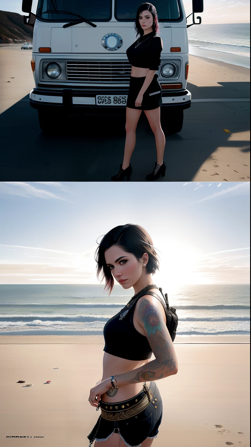 photo of the most beautiful artwork in the world featuring a modern punk woman, leaning against a van on a California beach, trending on ArtStation, CGSociety, Intricate, High Detail, Sharp focus, dramatic, photorealistic painting art by greg Rutkowski