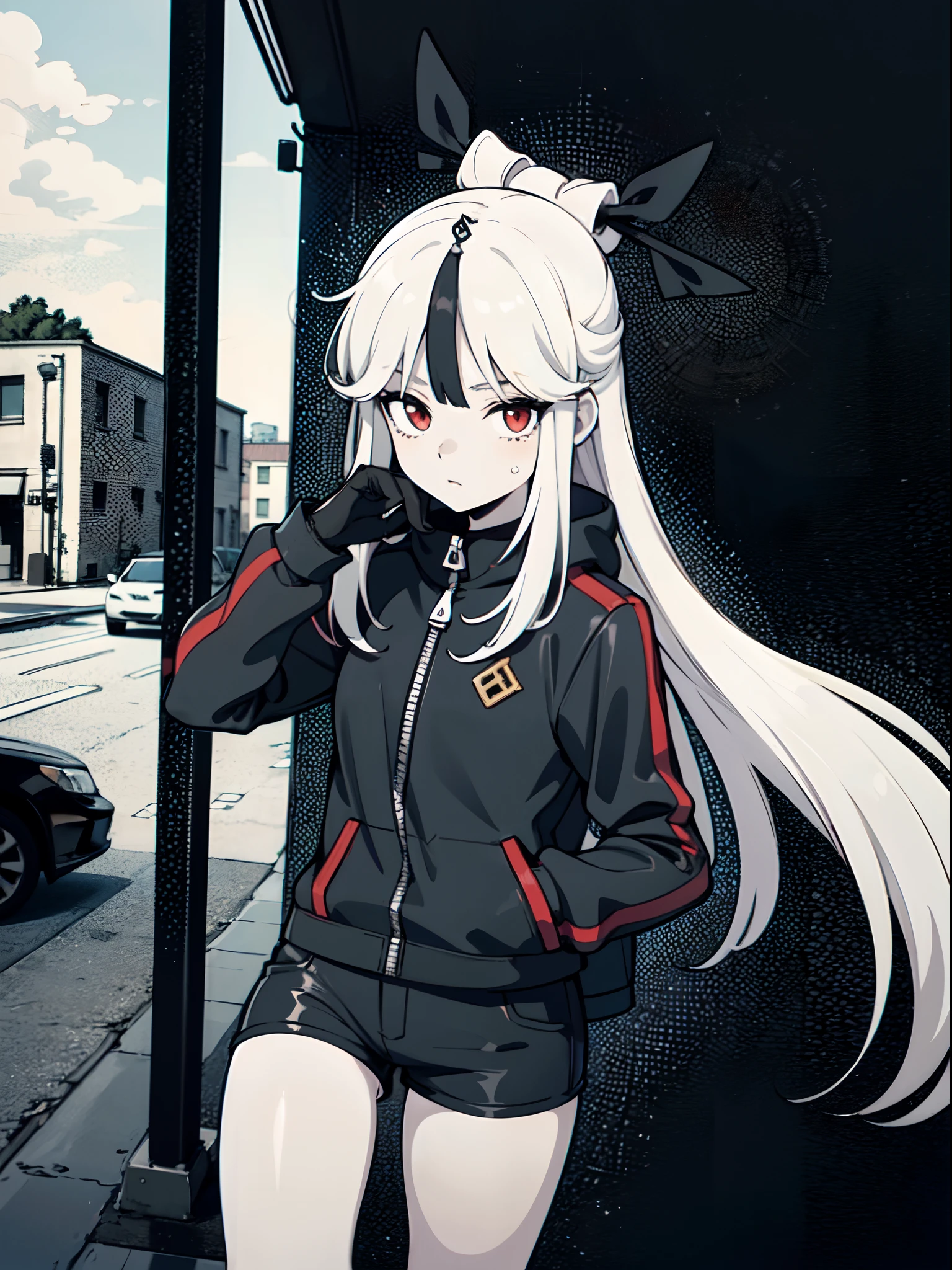 (masterpiece:1.2), (pale skin:1.2), (8k:1.2), (solo:1.2), (female:1.1), (emphasis lines:1.3), shorts, (leather jacket:1.1), (outdoors:1.2), white hair, long hair, (day:1.2), (upper shot:0.8)