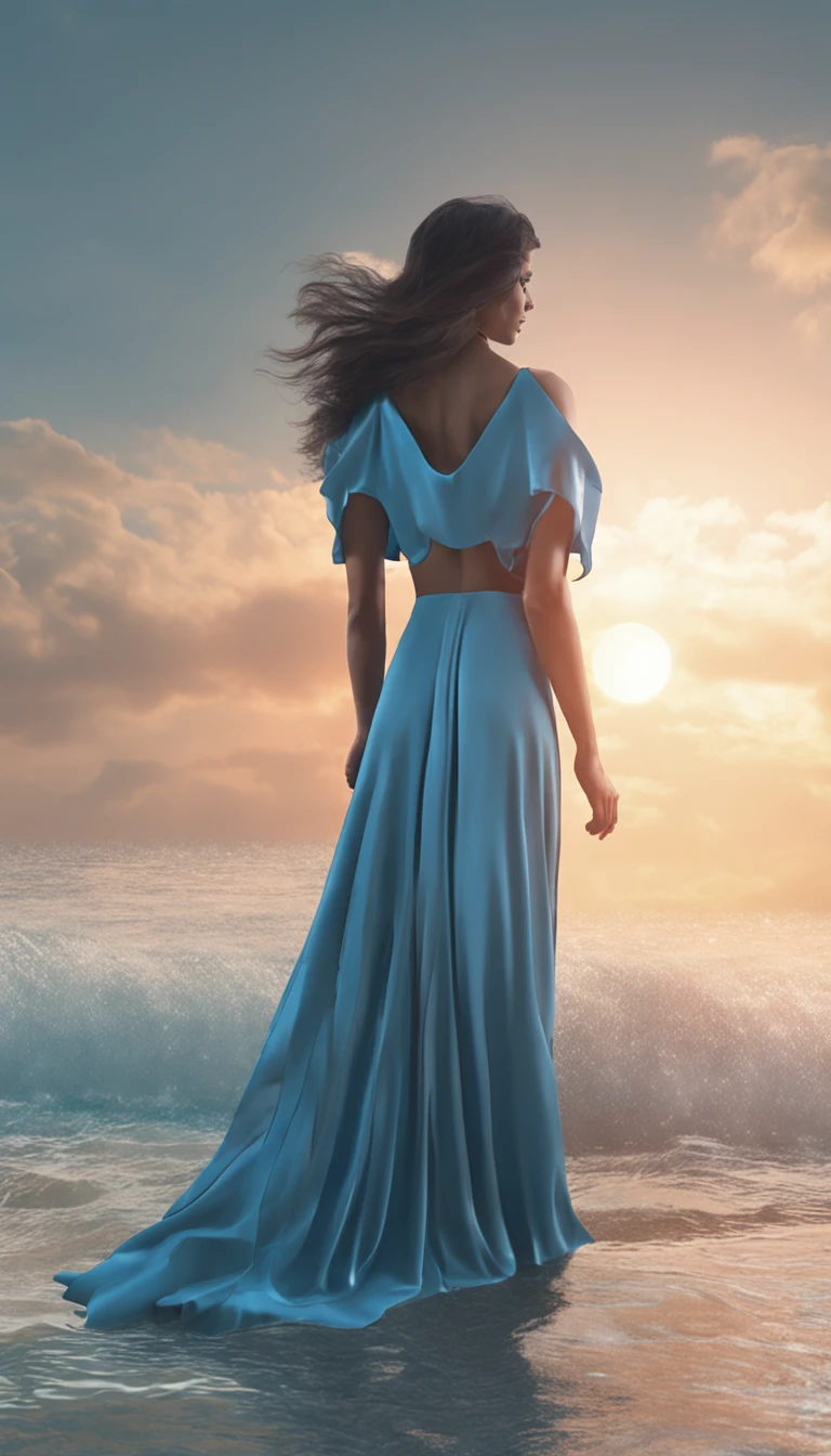 Female magician, (full bodyesbian),Minimalist composition,swell sea,Conceptual digital art, Azure and gray,(Very detailed, reasonable design, Clear lines, High sharpness,Best quality, Masterpiece, 4K )