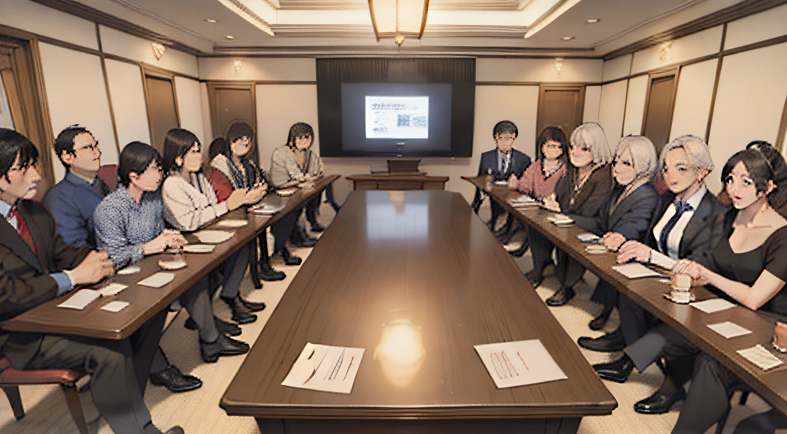 Middle Aged Leaders of the Central Government Meet、parliament、meeting room、japanes、Shinkai Makotokaze、People 60 years old々、Masterpiece、animations