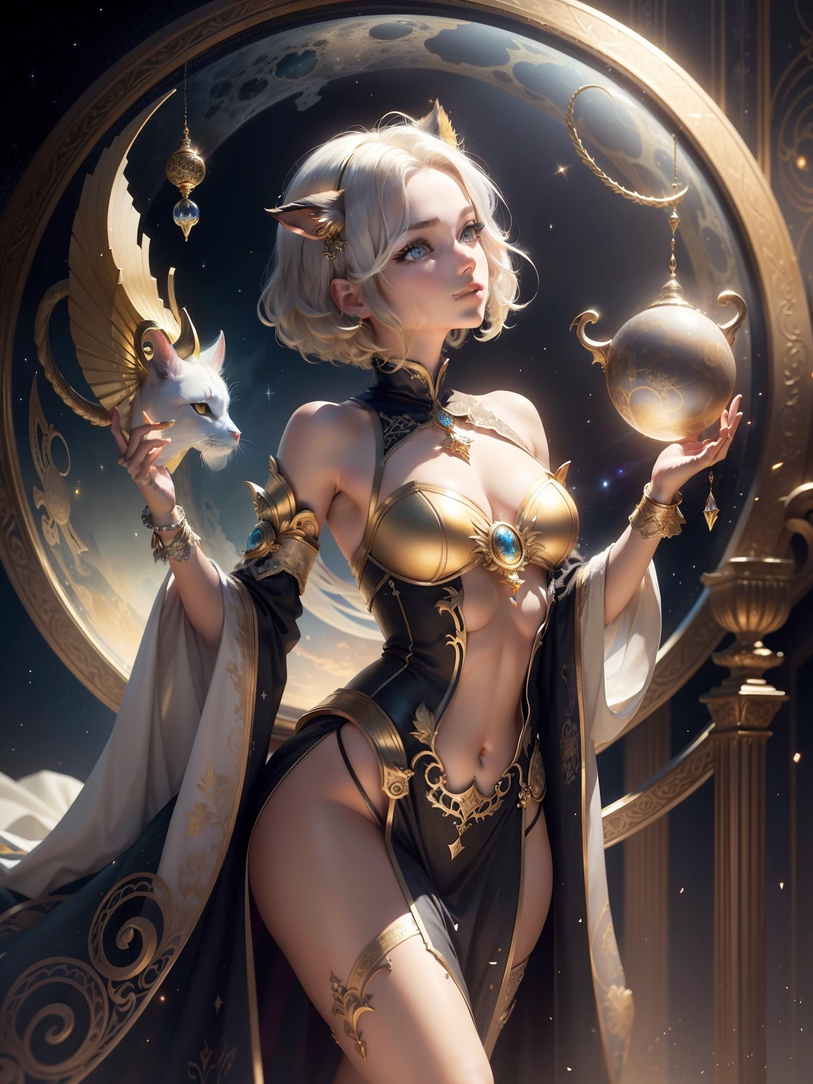 realisticlying,(tmasterpiece,top Quority,best qualtiy,offcial art,Beauty and aesthetics:1.2),The is very detailed,s fractal art,extremely colorful,Most detailed,Capricorn,(abstract backgrounds:1.5)(1girl:1.3),(Cat Class) ,Yellow-haired,Eyes,earnestly,Comb back,short detailed hair,,galactic,Giant magical golden Capricorn astrolabe,dream magical,dream magical,Silver trim,beautiful detailed sky,The style and decoration of the Capricorn goddess,(nsfw:0.8)Delicate reflective high glass guardrail panel,dynamicposes