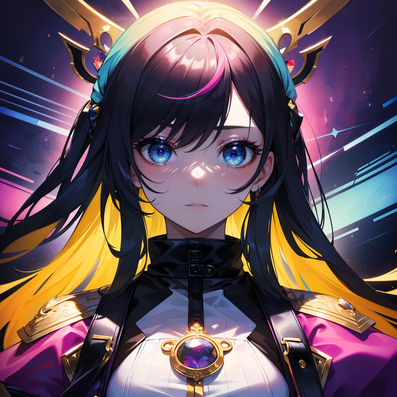 (Masterpiece, Best quality, ultra high resolution, splendid),1girl, multicolored jacket, arcoiris jacket, beautiful and detailed face, detailed eyes,