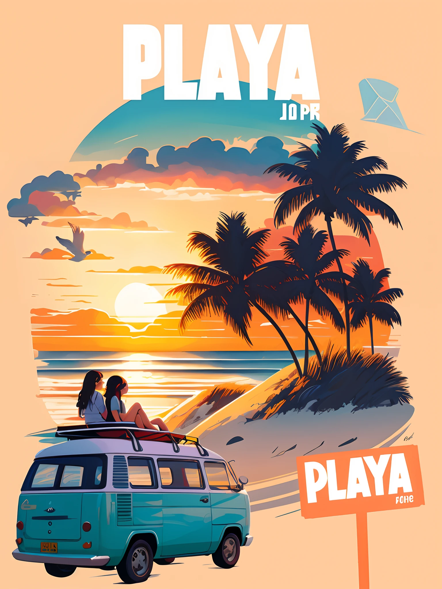 There's a poster of a van with a woman sitting on top of it, poster illustration, cartaz de turismo vibrante, cartaz ilustrado, cartaz de viagem, Jen Bartel, in illustration style digital, SUNSET ILLUSTRATION, digital illustration poster, painted illustration poster, stylized digital illustration, poster ; 夏天, digital illustration -, Nenhum estilo de Cyril Rolando, baixo detalhamento. Pintura digital