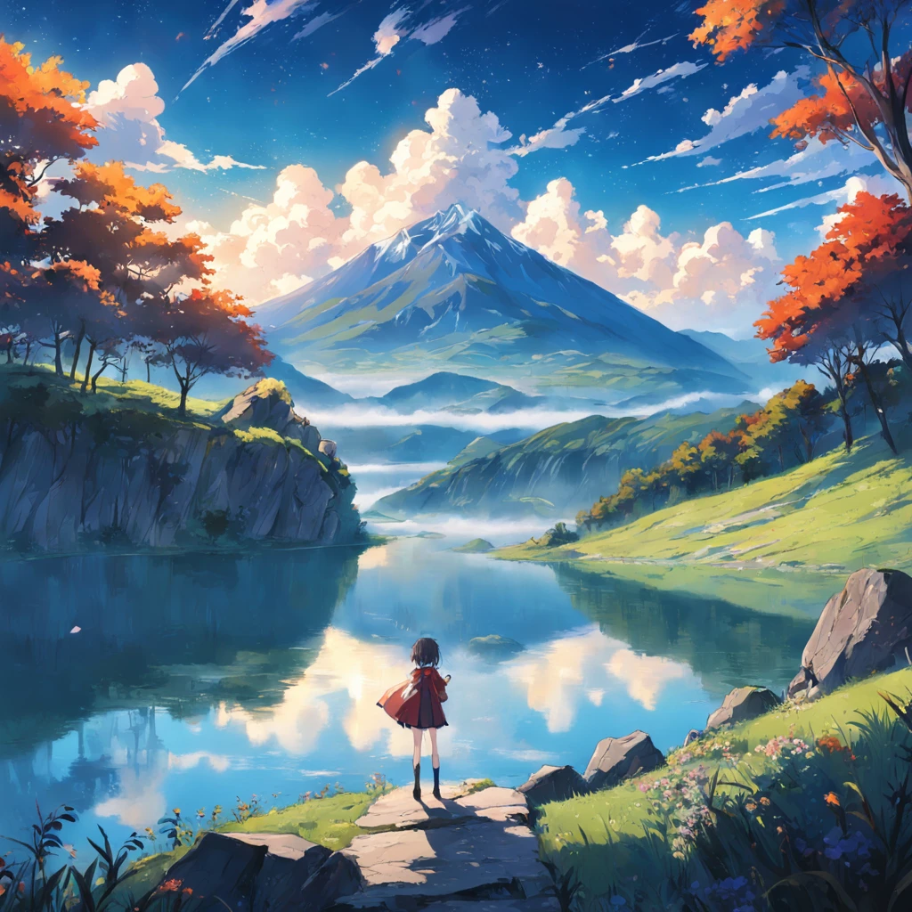 mountainous、by lake、Large space、high sky、suns、radiant light、Clear lake、bucolic、looking-down、