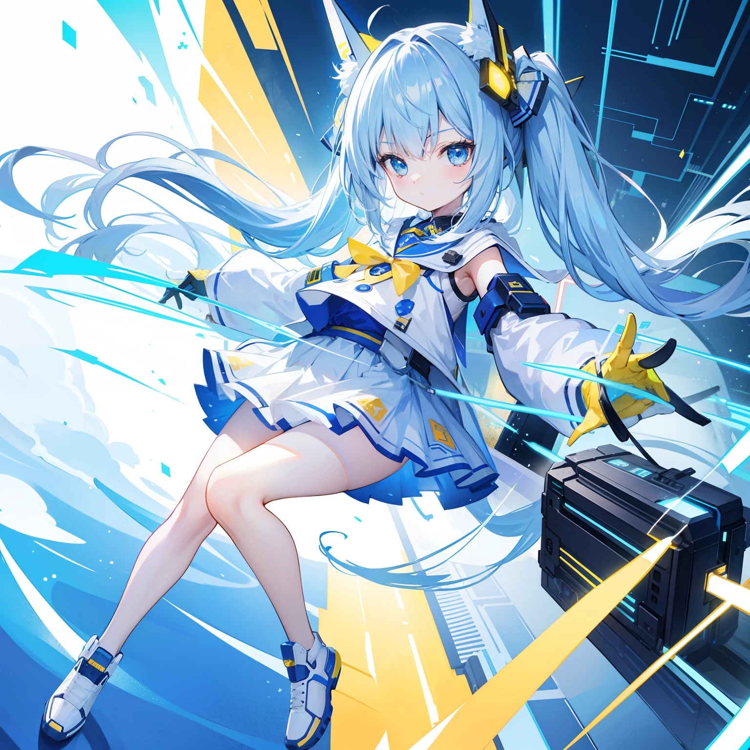 Super-quantum computer weapon,Cute loli,Yellow, blue, white and white color scheme