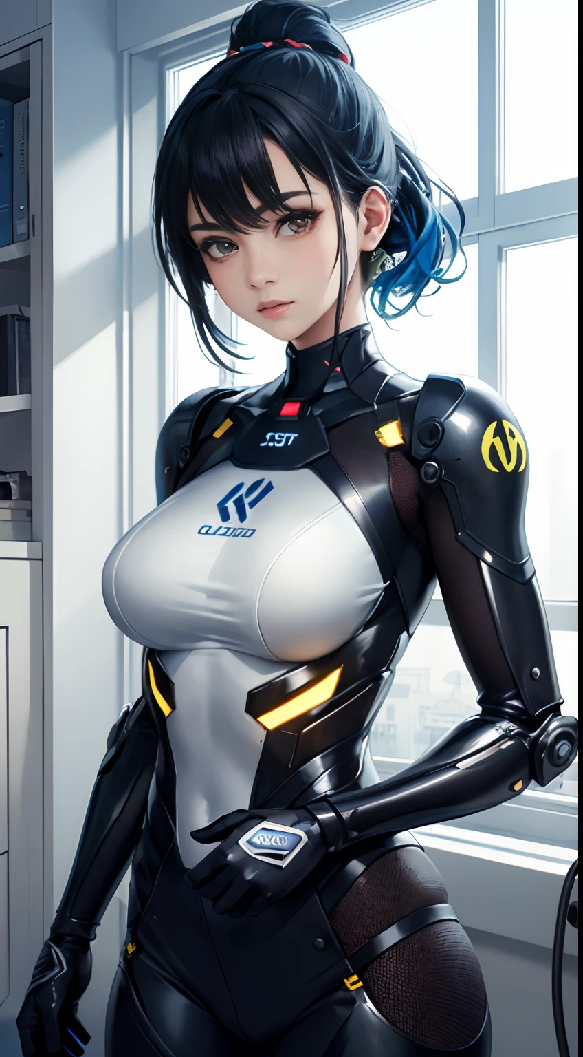 (((masterpiece))), (((best quality))), ((ultra-detailed)), (highly detailed CG illustration), ((an extremely delicate and beautiful)), cinematic light,((1girl)), solo, (upper body), (character focus), absurdres, high contrast, extreme detailed,colorful,highest detailed, science fiction, nanosuit, high ponytail, (light blue hair), yellow eyes, knee boots, (spacecraft interior), mechanical limbs, large breasts, metal wire,