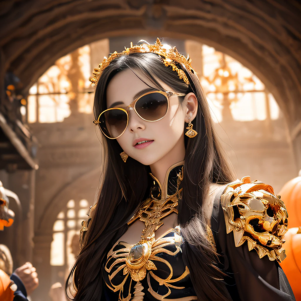 Skeleton Halloween pumpkin style,Wear thick gold-framed reflective sunglasses,32K(tmasterpiece,k hd,hyper HD,32K)Light orange flowing hair,Silver skull jewelry area in the cave,Indigo Skull King ,Skeleton protector (The skeleton is realistic:1.4),Skull pattern robe,Silver skull flower ornaments,Petals flutter,The background of autumn is pure,Hold your head high,Be proud,The nostrils look at people, A high resolution, the detail, RAW photogr, Sharp Re, Nikon D850 Film Stock Photo by Jefferies Lee 4 Kodak Portra 400 Camera F1.6 shots, Rich colors, ultra-realistic vivid textures, Dramatic lighting, Unreal Engine Art Station Trend, cinestir 800,Hold your head high,Be proud,The nostrils look at people,Tsundere,Petals flutter,Petals flutter,Sprinkle with gold dust,Fluttering,Impeccable,( reasonable design, Clear lines, High sharpness,Best quality, Very detailed skeleton, The skeleton of a masterpiece, offcial art, movie light effect, 4K skeleton(((Wear thick gold-framed reflective sunglasses)))
