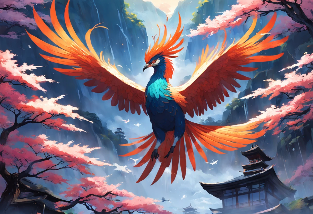 "The Japanese mythical bird Hō-ō or Fushichō in exquisite detail and amazing beauty, Show off its vibrant feathers and majestic presence. The intricate feathers shine with stunning colors, Exudes an ethereal sense of elegance. Hō-ō soars gracefully against the backdrop of tranquil landscapes, There is a hint of mystery in the air. The artwork captures the essence of this legendary creature, Convey its importance in Japanese folklore.+"