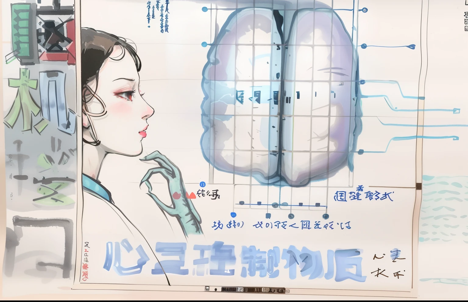 brain computer interface，Close-up of a woman with brains, medical drawing, author：Ayako hexagon, Medical drawings with annotations, anatomical drawing of saitama, author：Sugiura Jade, traditional japanese concept art, author：Yokoyama Grand View, author：Ryuzaburo Umehara, author：Yasutomo Oka