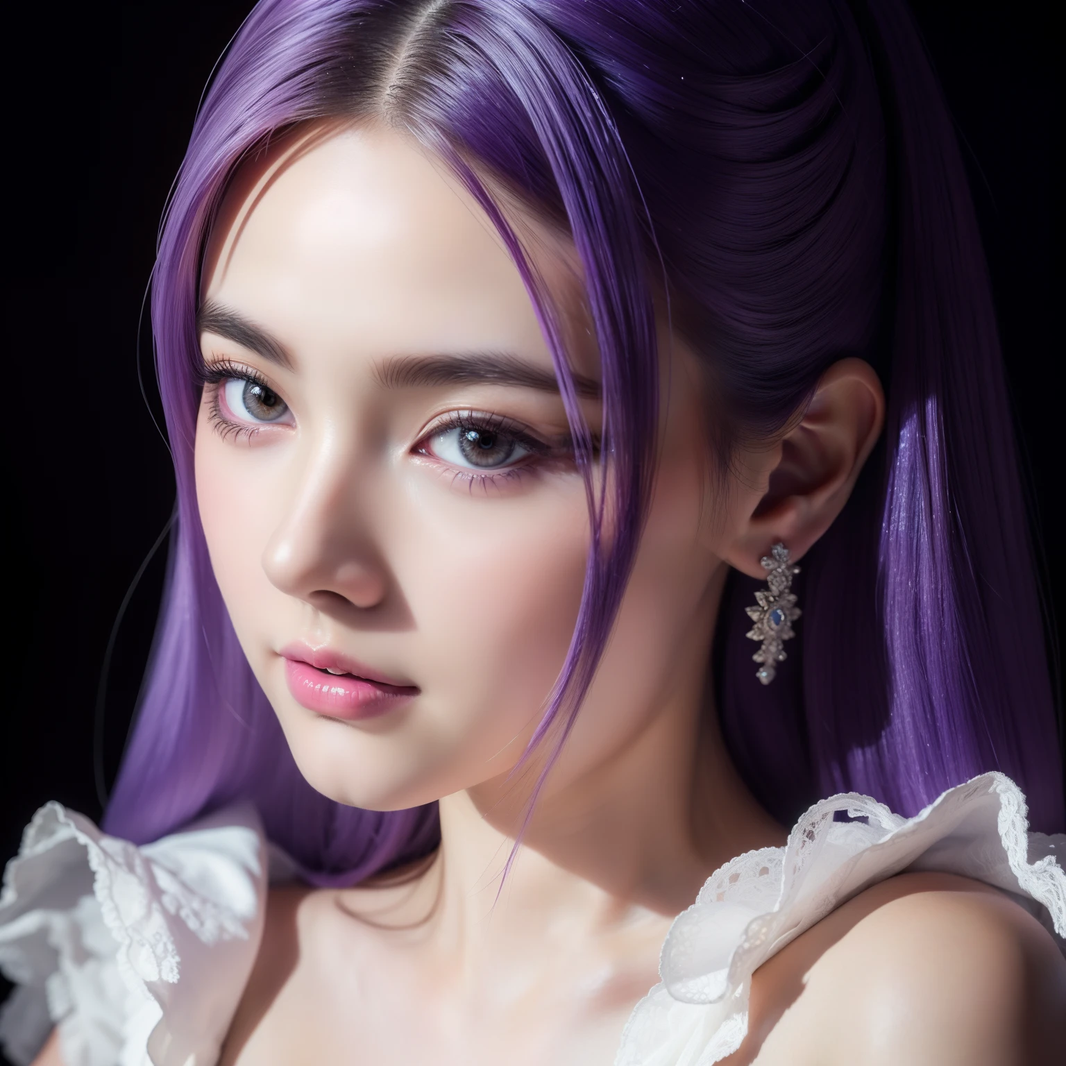 best quality,masterpiece,extremely detailed,high res,4k,ultra high res,detailed shadow,ultra realistic,realistic,dramatic lighting,1girl,solo,detailed face,realistic eyes,realistic skin,white dress,purple hair,dynamic pose, white lace dress