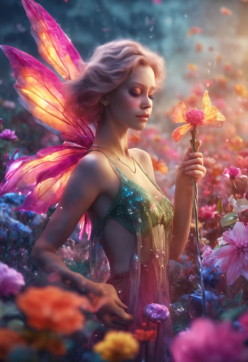 Flower fairy with transparent multicolored wings holding a magic wand，Flying in a sea of flowers，best qualtiy， 8k ultra-realistic， High detail Depth of field，The skin of the face is crystal clear