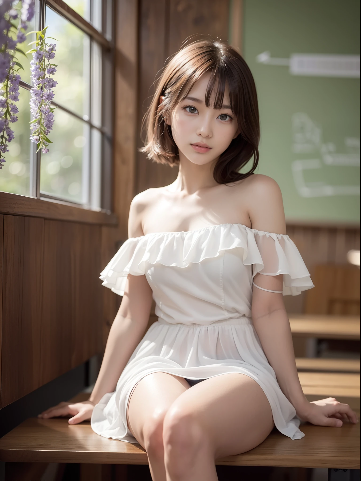 ((of the highest quality, 8K, masutepiece: 1.3, Raw photo)), Sharp Focus: 1.2, (1 AESPA Girl :1.1), Solo, (Realistic, Photorealistic: 1.37), (Face Focus: 1.1), Cute face, hyperdetailed face, short messy hair, Small Smile, slender, nude, (Off-the-shoulder chiffon dress, check skirt: 1.3), (Sitting with one knee up: 1.3), classroom, spread legs, panties, flower, wisteria