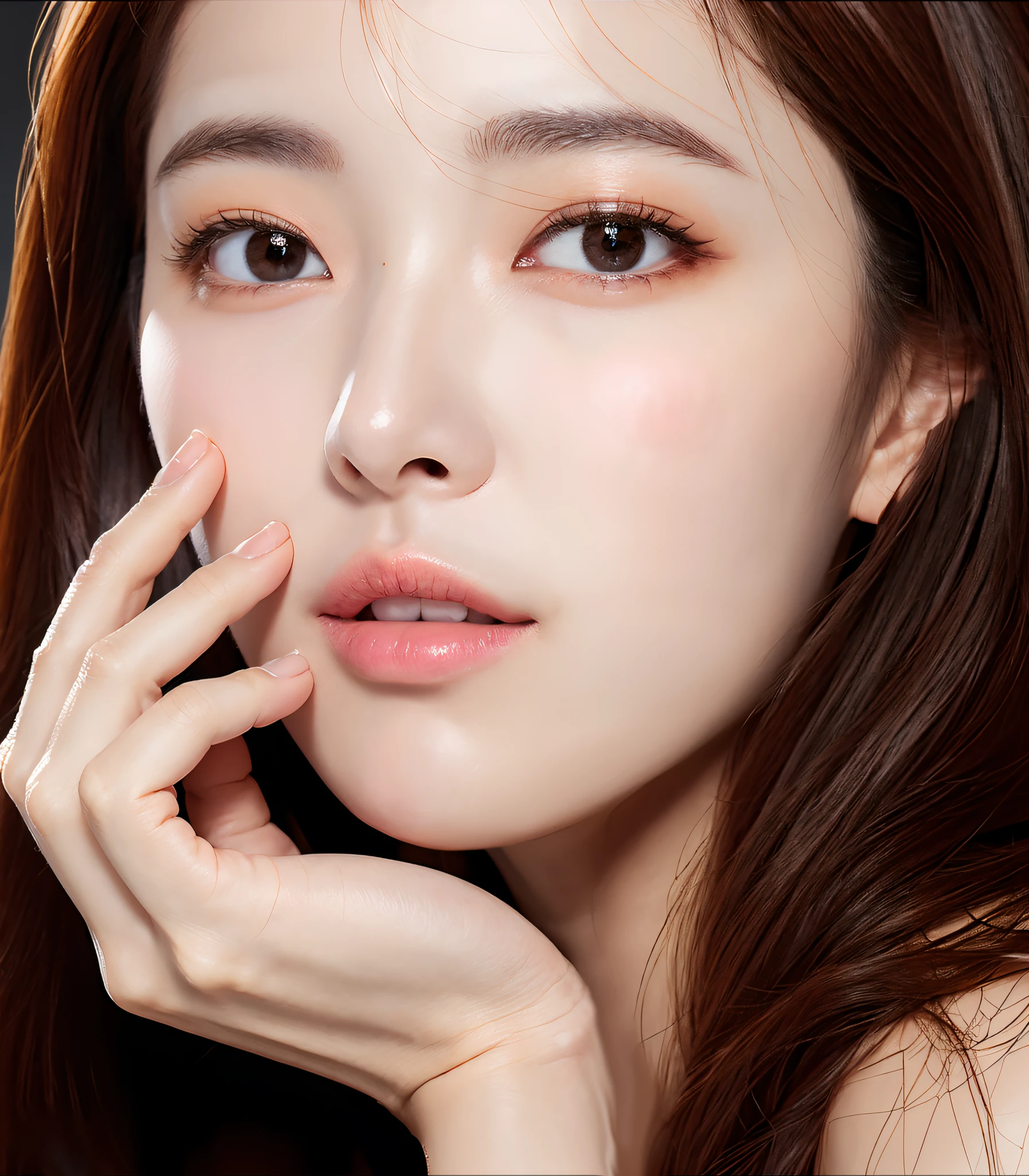 korean girl, very beautiful face, (photo realistic:1.4),(masterpiece, 4K, best quality, ultra detailed),studio shoot,pictorial,photography,realistic eyes, Ultra-Detailed Face, Detailed Lips, normal hand, glossy lips, glossy face, simple background